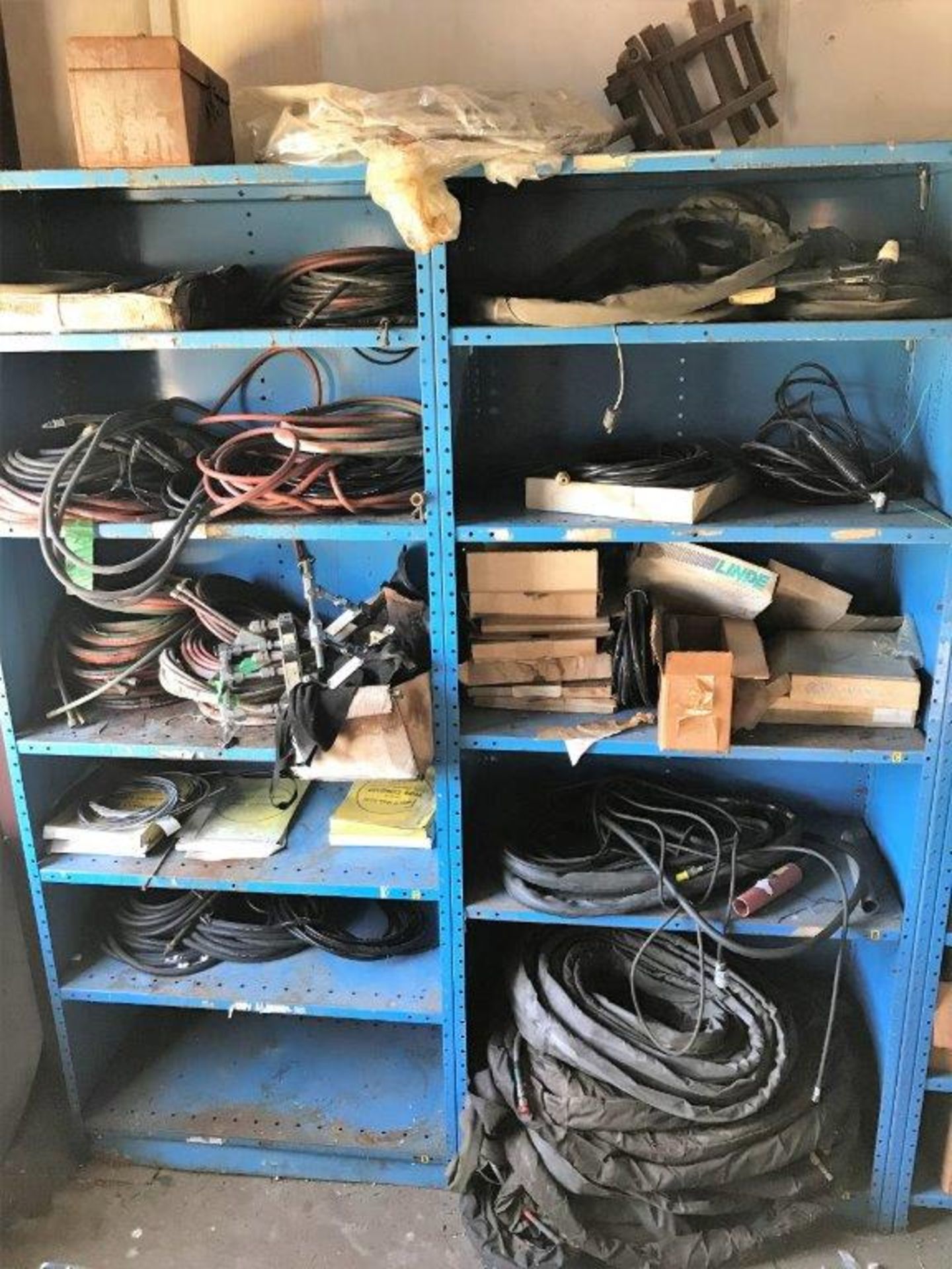 LOT - (6) SECTIONS SHELVING W/ CONTENTS OF WELDING SUPPLIES, TORCH TIPS, WELD GUN & LEEDS, TORCH - Image 2 of 3