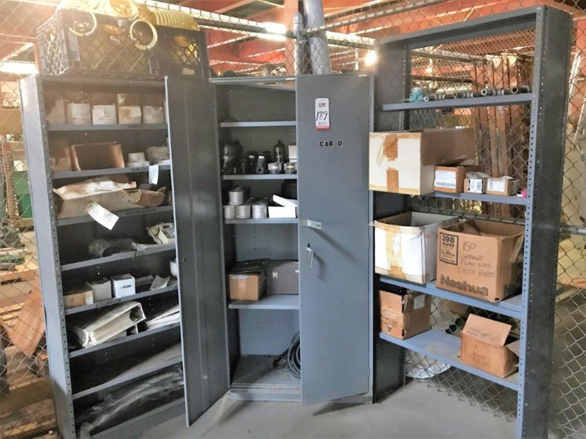 LOT - (2) 2-DOOR CABINETS AND (2) SHELVING UNITS, W/ CONTENTS OF ASSORTED REG./FILTER PARTS, AIR