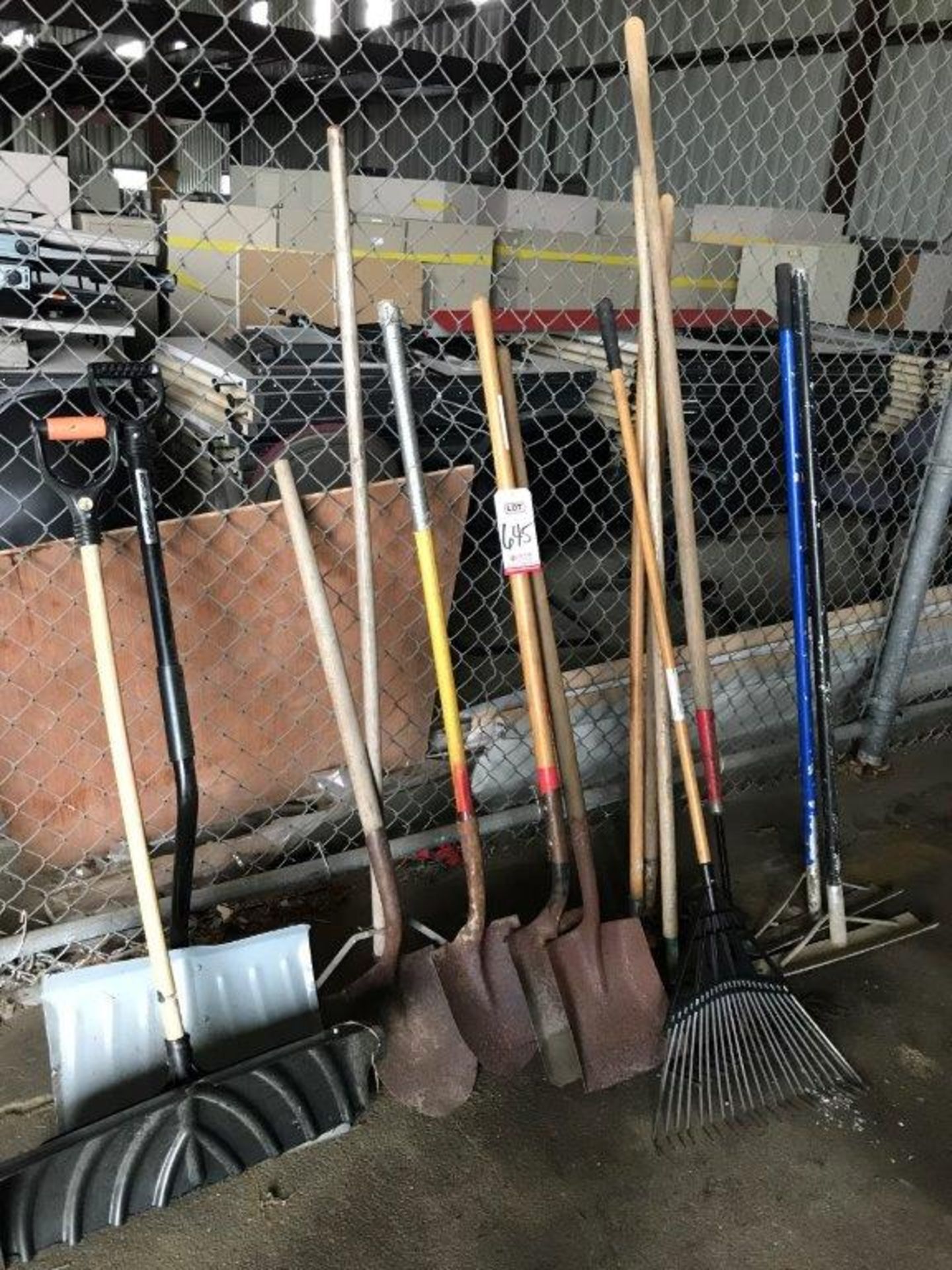 LOT - ASSORTED SHOVELS, RACKS AND TRASH CANS (LOCATION: BUILDING 9)