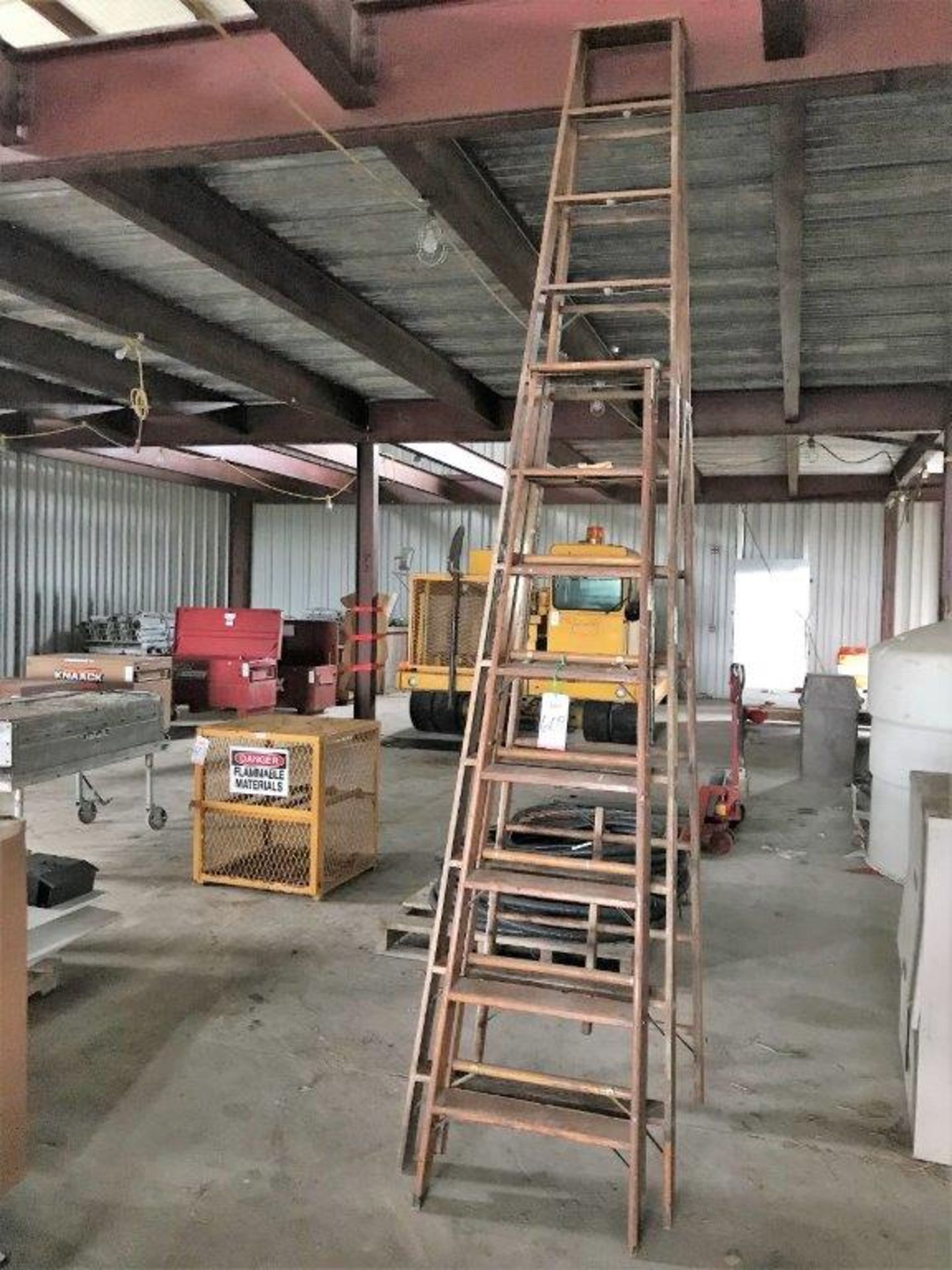 LOT - (2) ASSORTED WOOD A-FRAME LADDERS, (1) 12' AND (1) 8' (LOCATION: BUILDING 9)