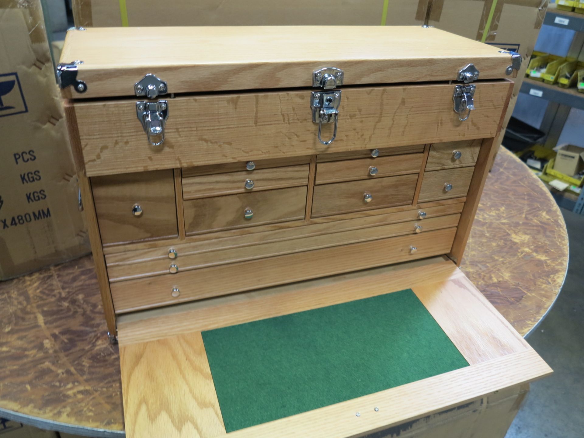 LOT - (2) KENNEDY STYLE SOLID OAK TOOLBOX, 12-DRAWER, W/ (2) KEYS, BRAND NEW IN FACTORY SEALED BOX - Image 2 of 2