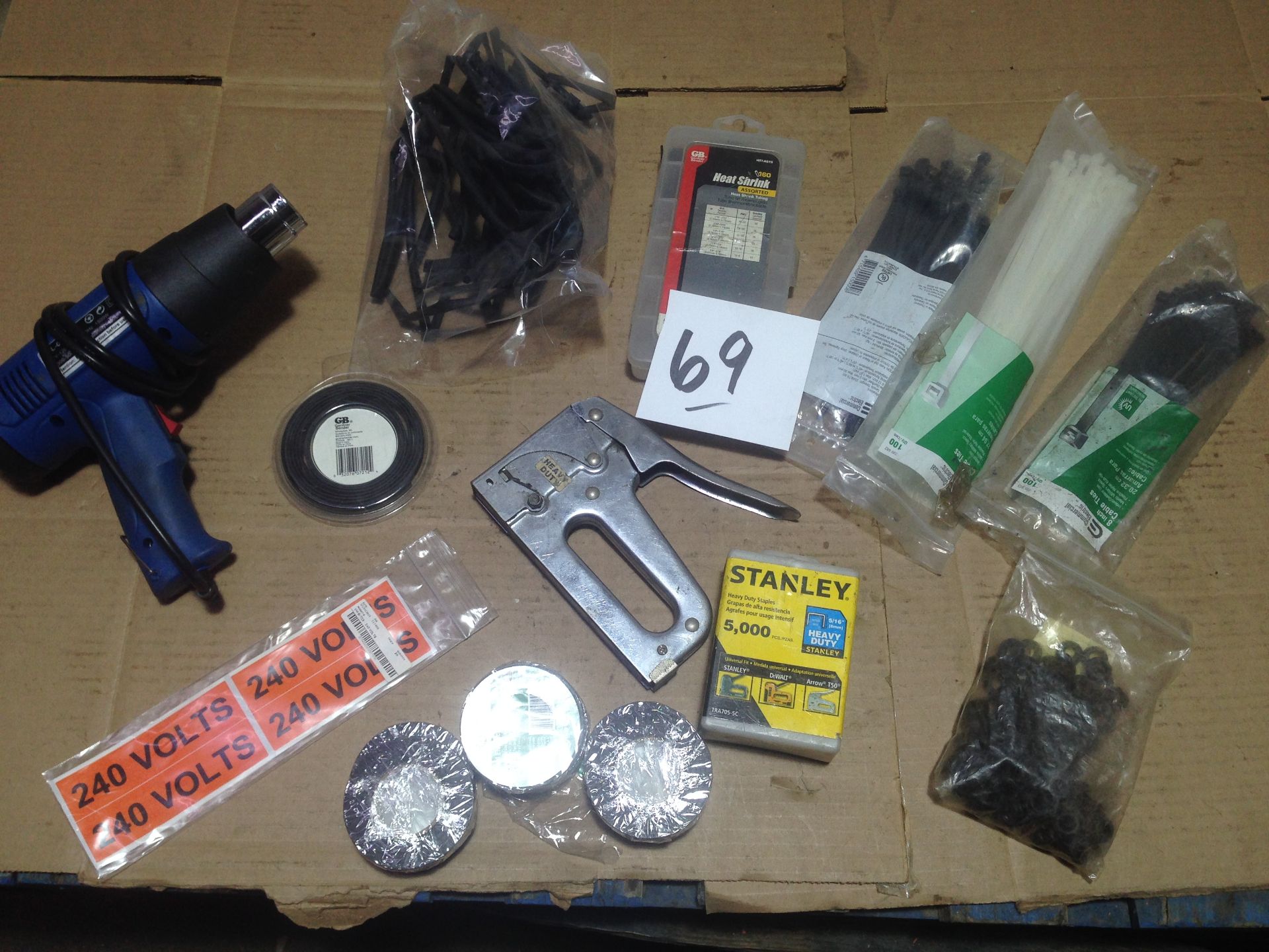 LOT - ELECTRICAL: HEAT GUN, SHRINK TUBE, ZIP TIES, TAPE, LABELS, STAPLE GUN