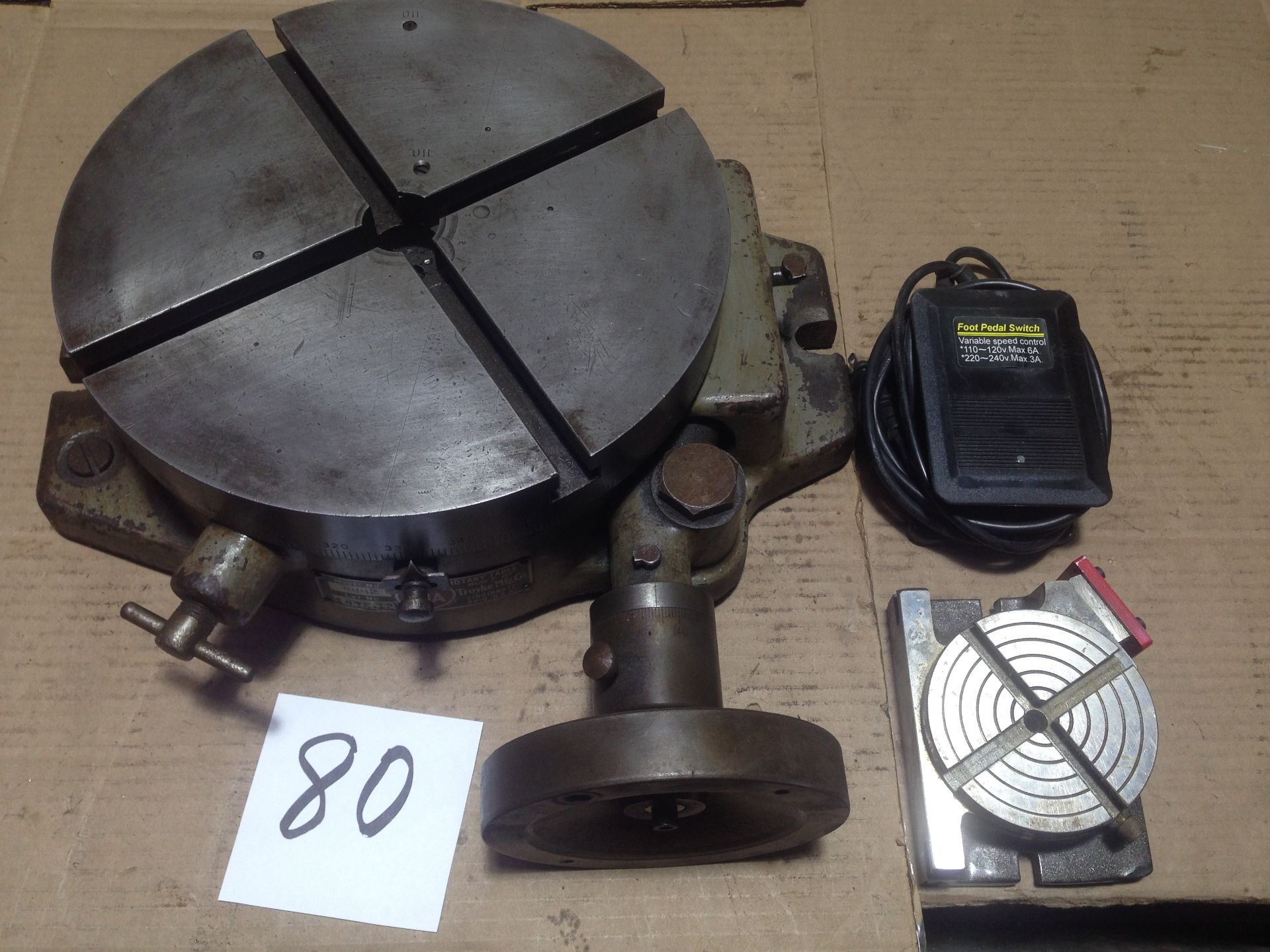 LOT - 12" TROYKE ROTARY TABLE, 4" ROTARY TABLE AND FOOT PEDAL SWITCH W/ VARIABLE SPEED CONTROL