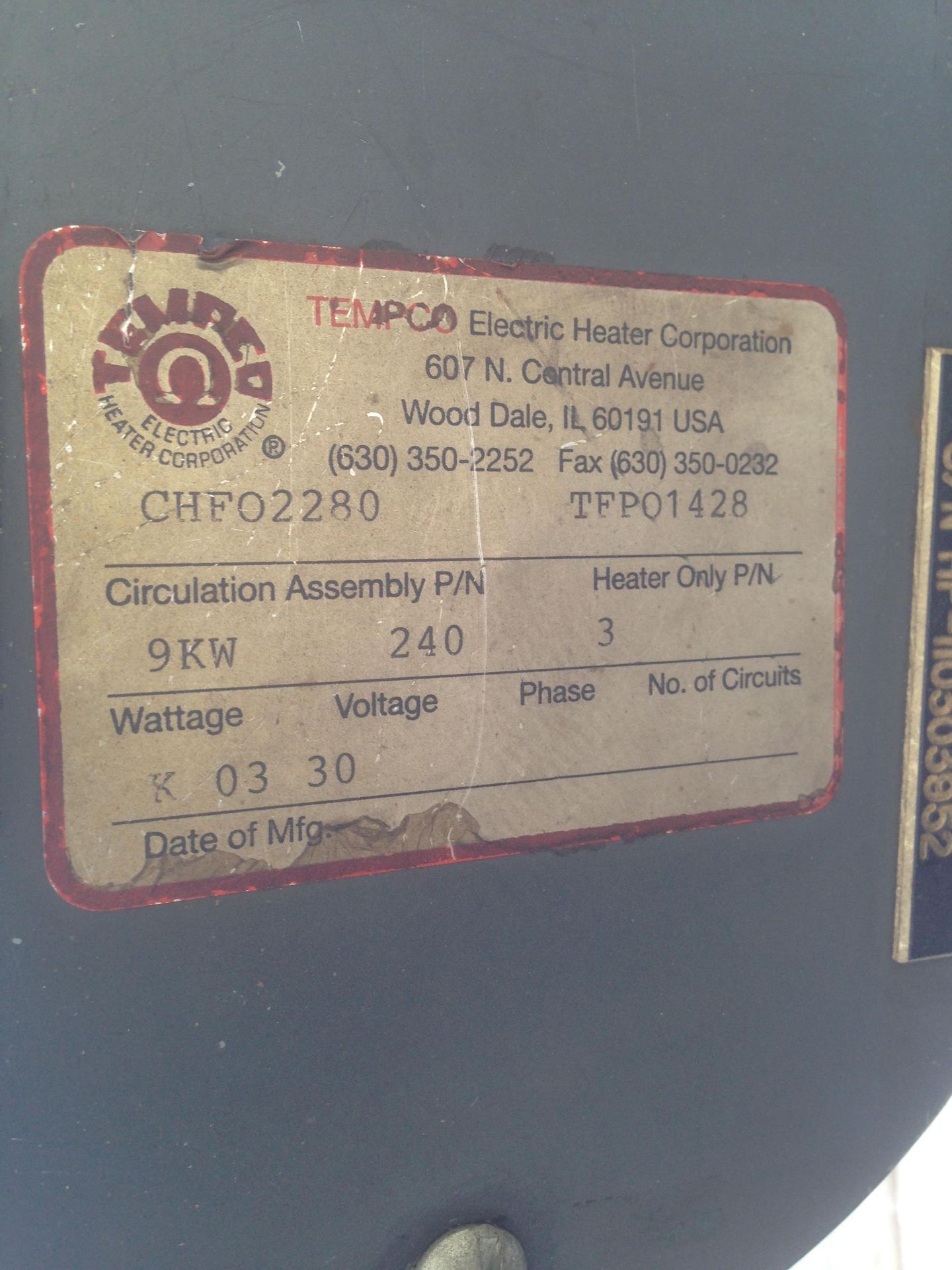 LOT - (3) CIRCULATION HEATERS: TEMPCO 9KW, CHROMALOX 1 KW, WATLOW 1.5 KW (ALL IN WORKING CONDITION) - Image 4 of 4