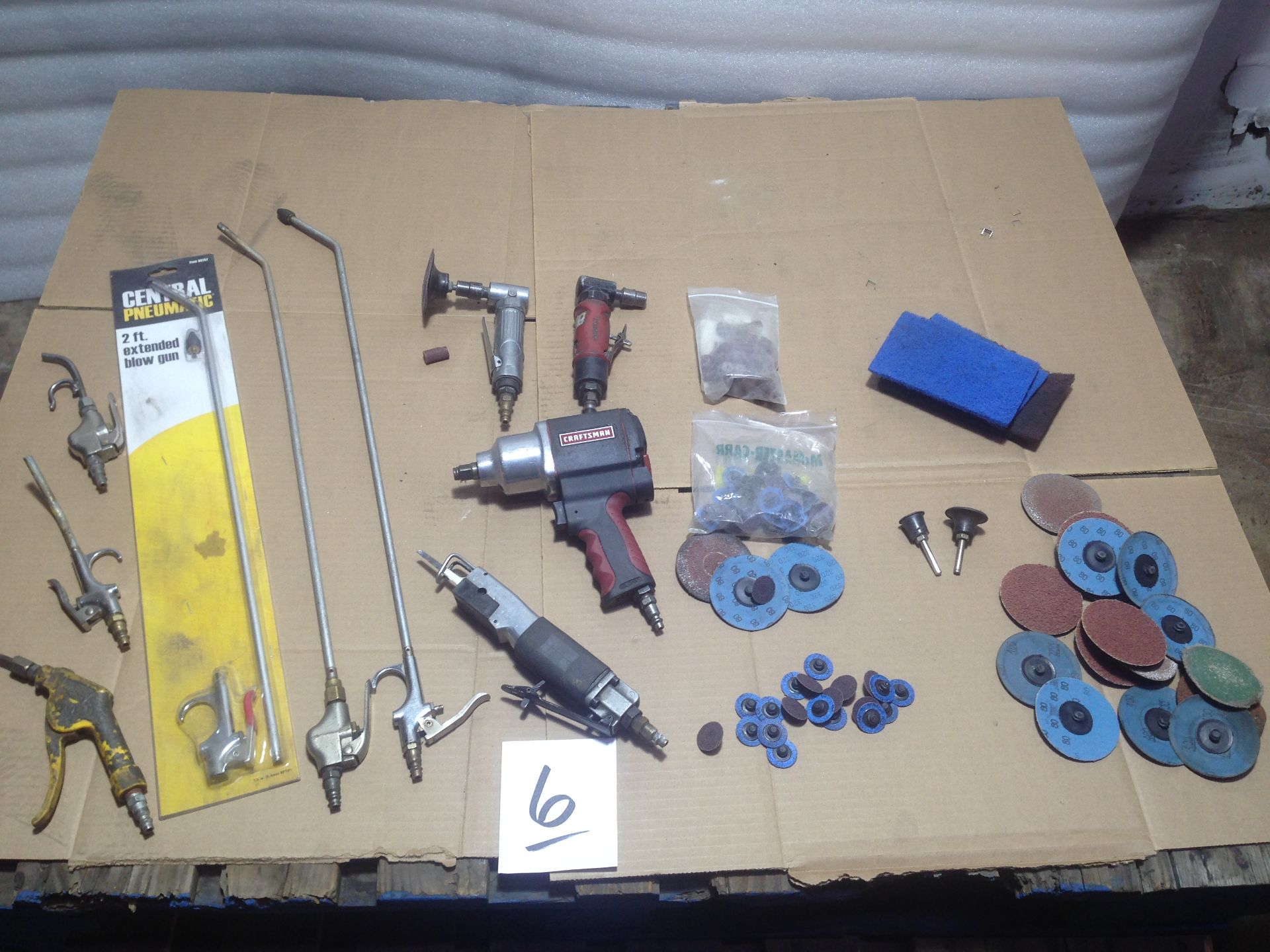 LOT - AIR BLOW GUNS, AIR SAW, AIR IMPACT GUN, AIR DIE GRINDER W/ ASSORTMENT OF DISCS