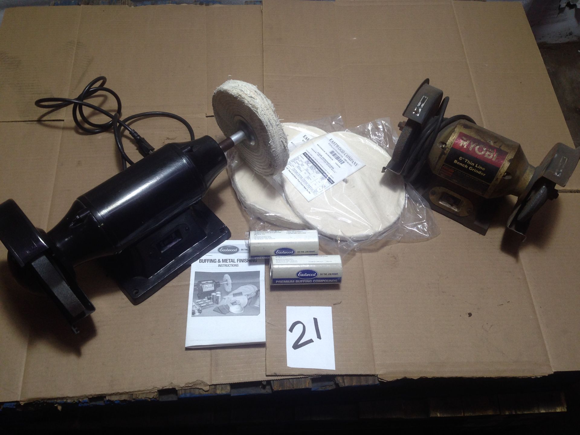 LOT - (1) 8" POLISHING AND GRINDING MACHINE AND (1) RYOBI 6" BENCH GRINDER