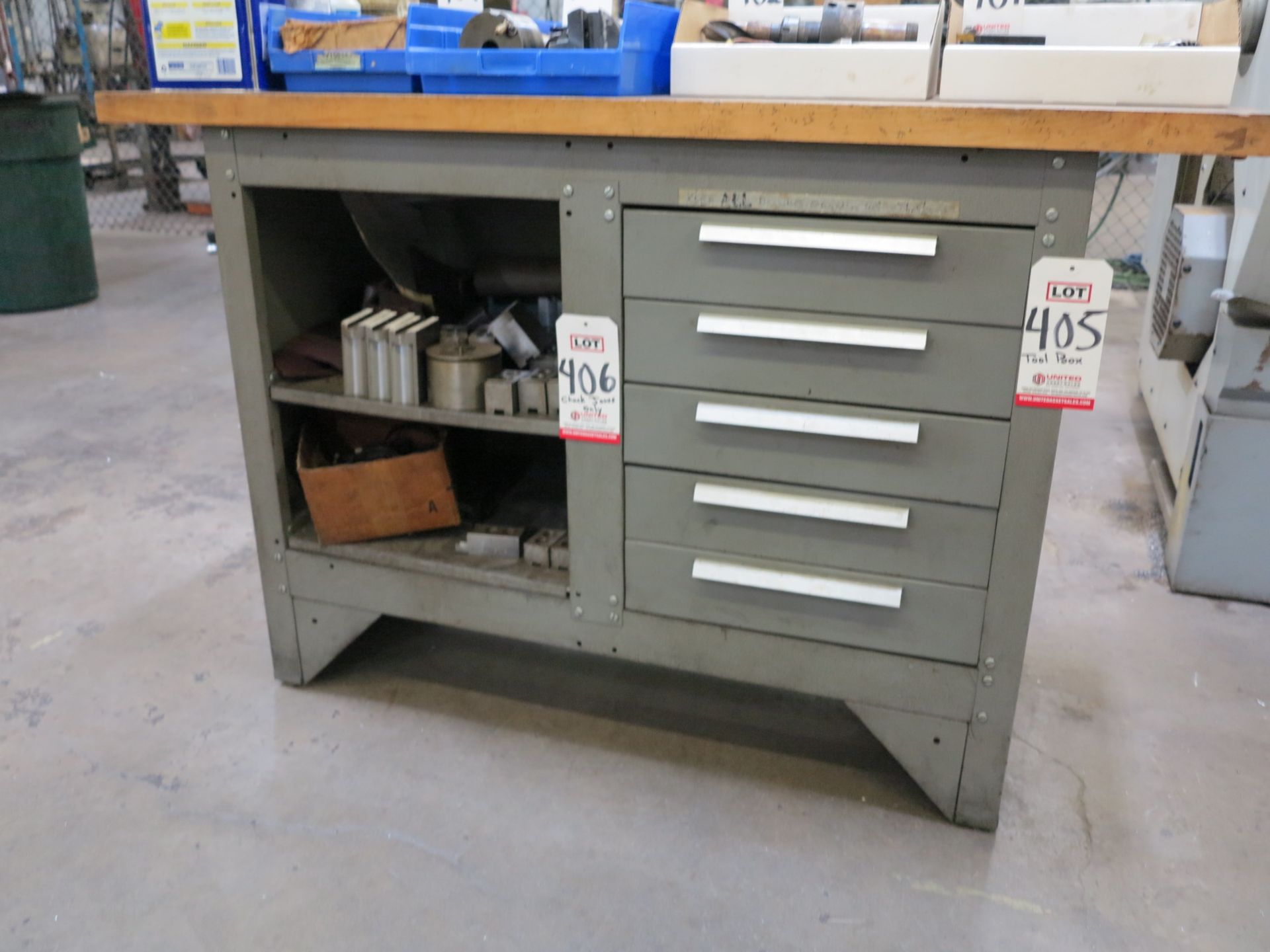 5-DRAWER WORKBENCH W/ BUTCHERBLOCK TOP, 54" X 20", CONTENTS NOT INCLUDED