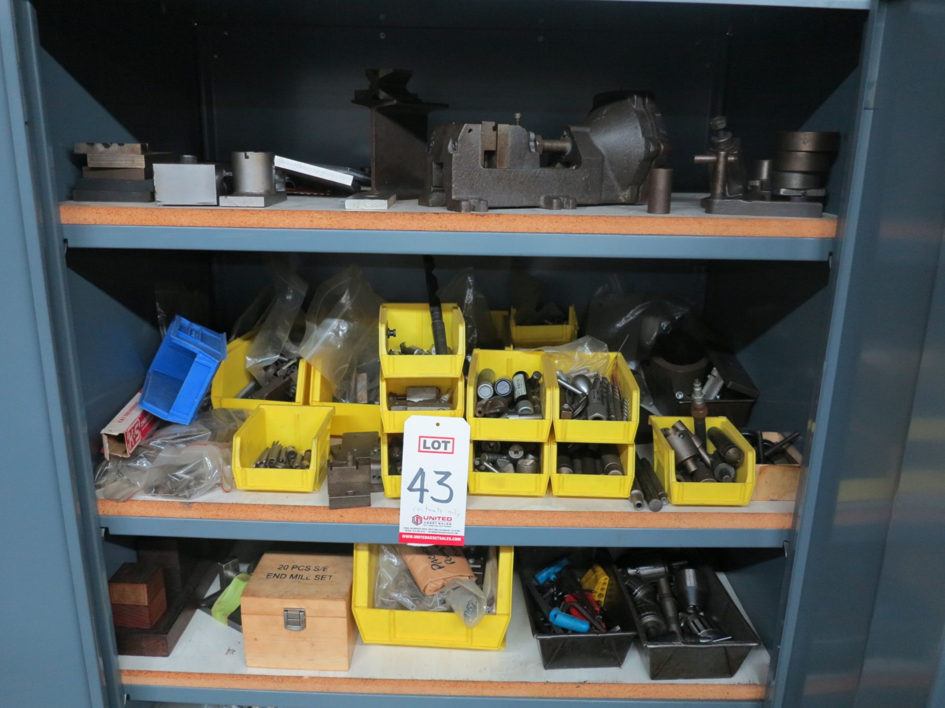 LOT - CONTENTS ONLY OF CABINET, TO INCLUDE: VISES, CHUCKS, END MILLS, LETTER STAMPS, DRILLS AND