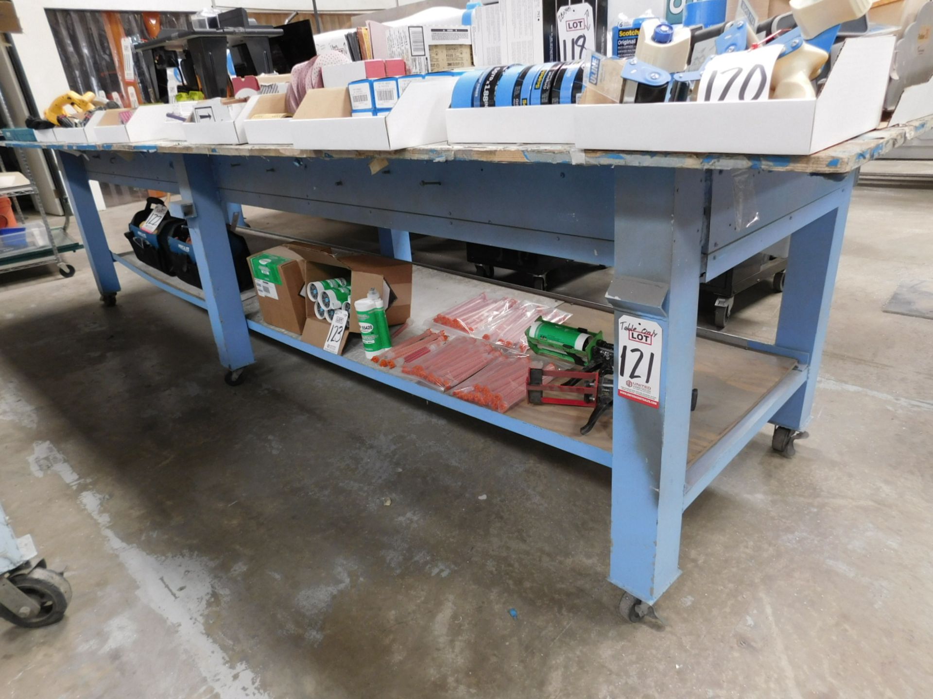 HEAVY DUTY ALUMINUM TABLE, 13' X 4', ON LOCKABLE CASTERS, PLYWOOD TOP, TABLE ONLY, CONTENTS NOT