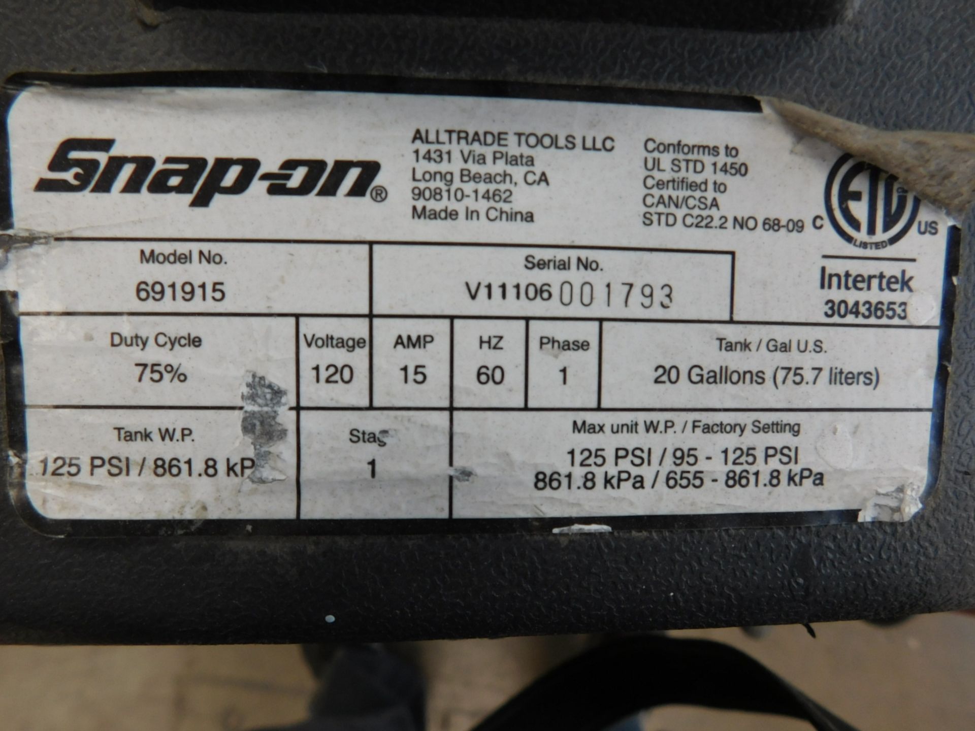 SNAP-ON 20-GALLON PORTABLE AIR COMPRESSOR, MODEL 691915, 120V/SINGLE PHASE, 125 PSI, S/N - Image 5 of 5