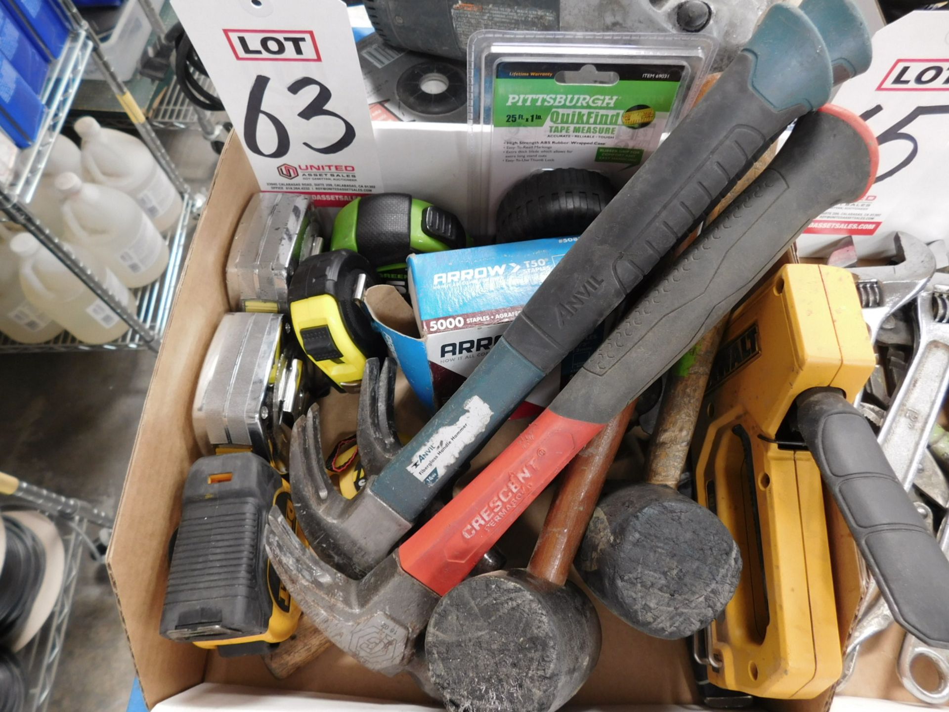 LOT - HAMMERS, RUBBER HAMMERS, TAPE MEASURERS, DEWALT STAPLE GUN, STAPLES