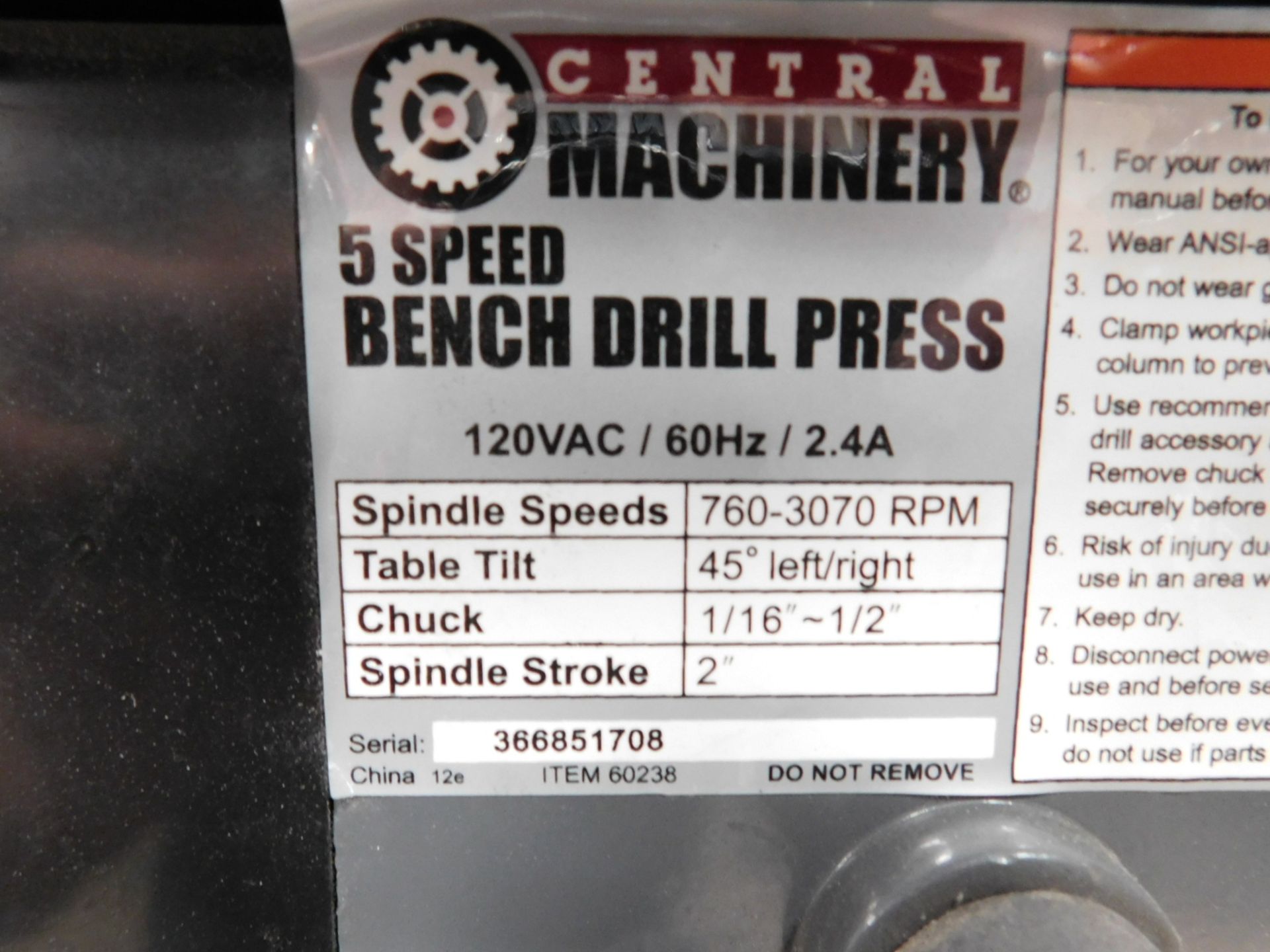 CENTRAL MACHINERY 8" BENCHTOP DRILL PRESS, 5-SPEED, S/N 366851708 - Image 3 of 3