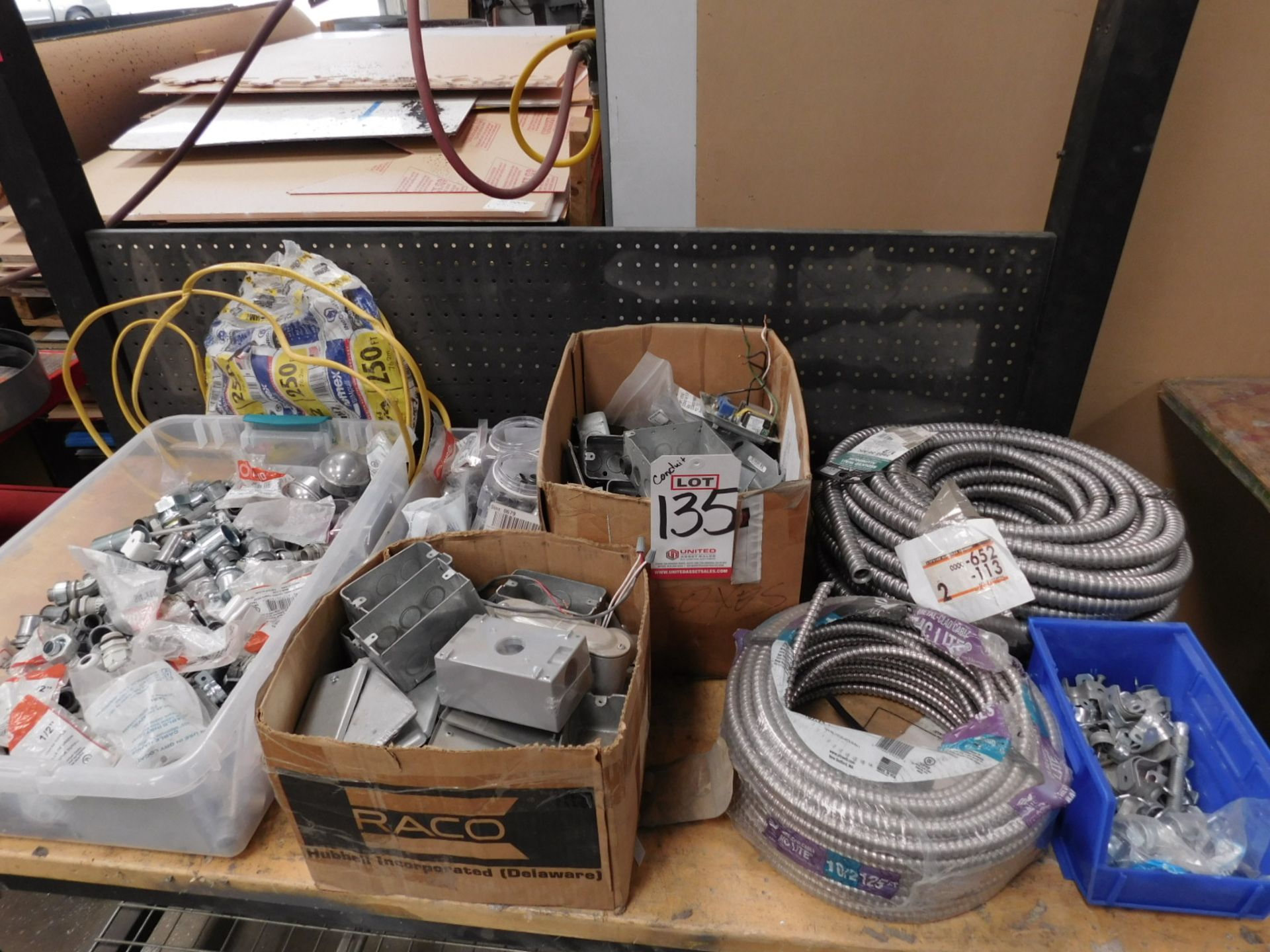 LOT - ELECTRIC CONDUIT FITTINGS, HANGERS, BOXES, FLEXIBLE METAL CONDUIT, ETC.