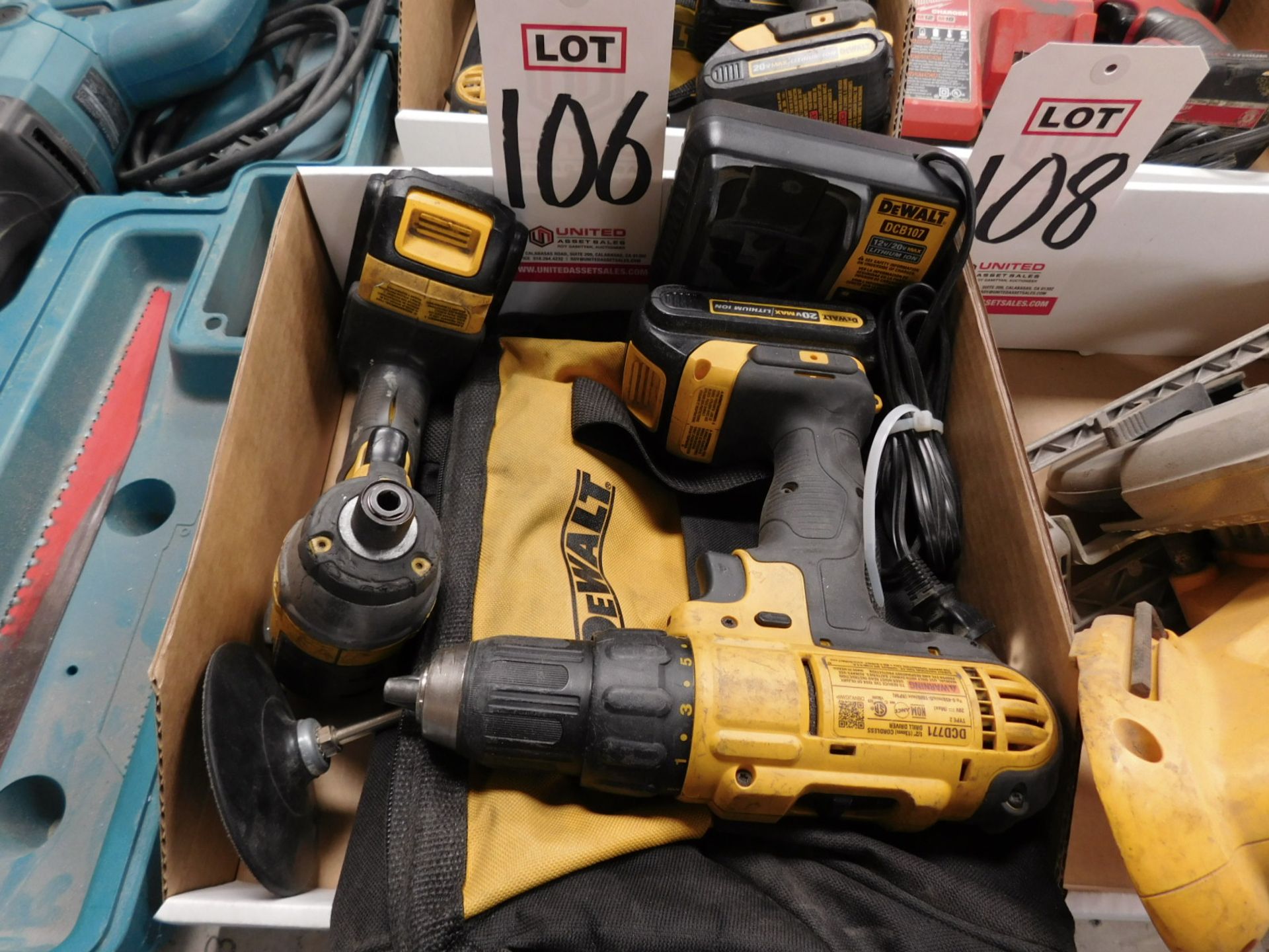 LOT - (1) DEWALT DCD771 1/2" DRILL, (1) DCF885 1/4" IMPACT DRIVER, (2) 20V BATTERIES, CHARGER AND