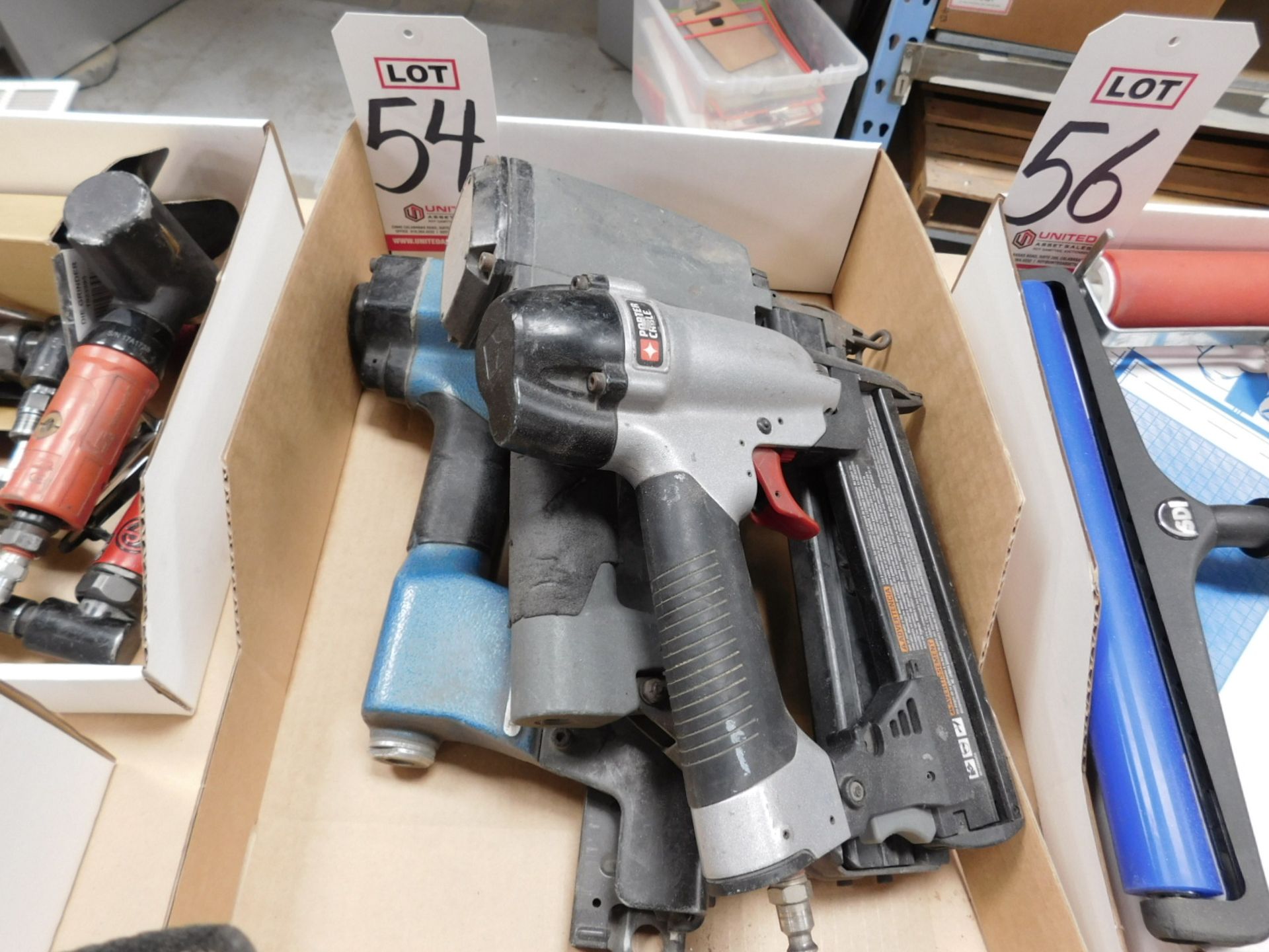 LOT - (2) PNEUMATIC STAPLE GUNS AND (1) PORTER CABLE NS150C BRAD NAILER