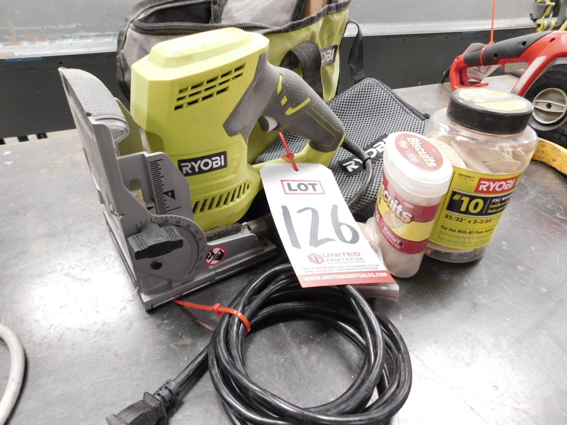 LOT - RYOBI BISCUIT JOINER, MODEL JM83, CORDED, W/ CLOTH BAG, BISCUITS