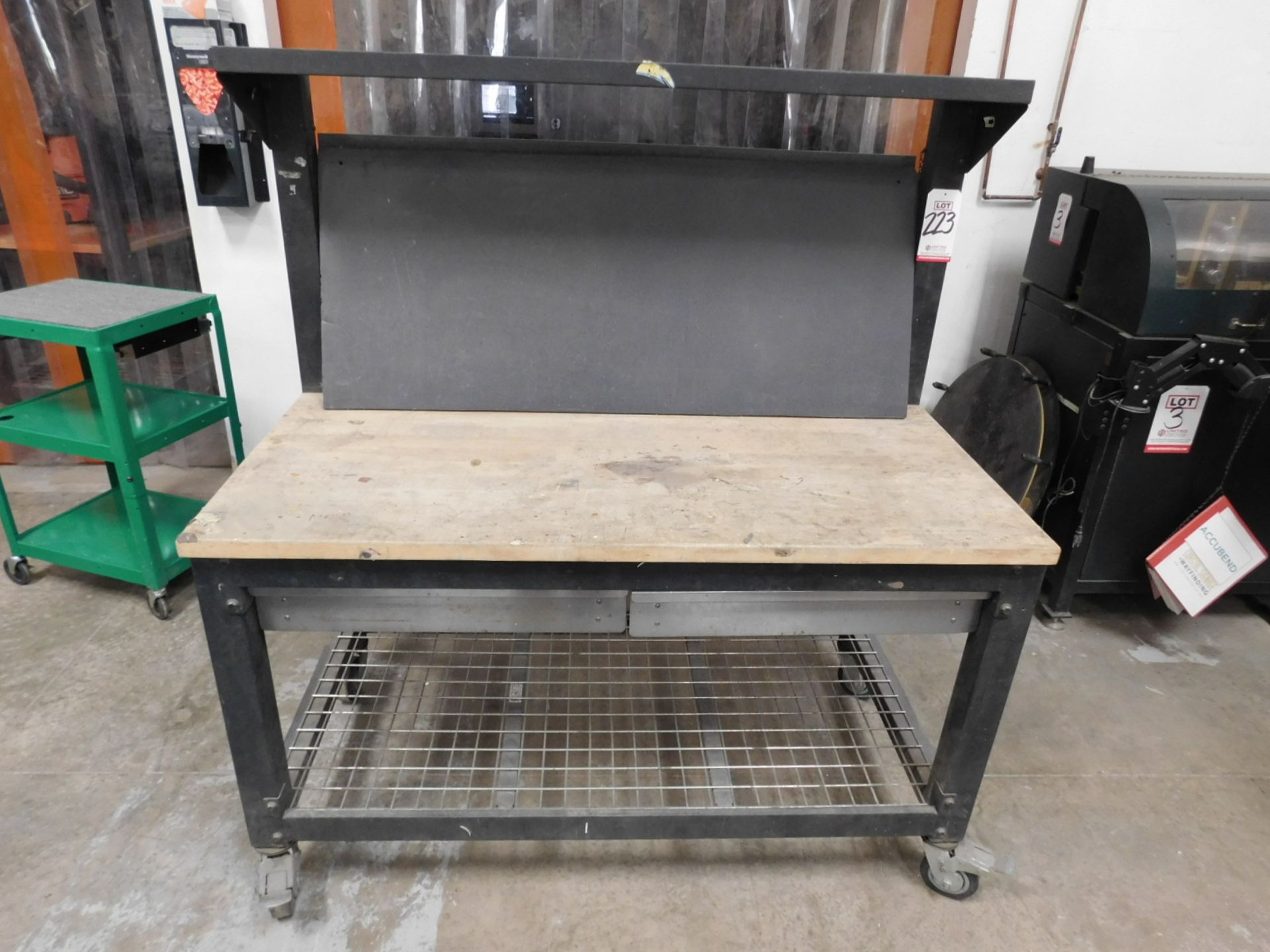 5' X 27" BUTCHER BLOCK TOPPED STEEL CART ON CASTERS, MESH SHELF, PEGBOARD HALF-BACK, CONTENTS NOT