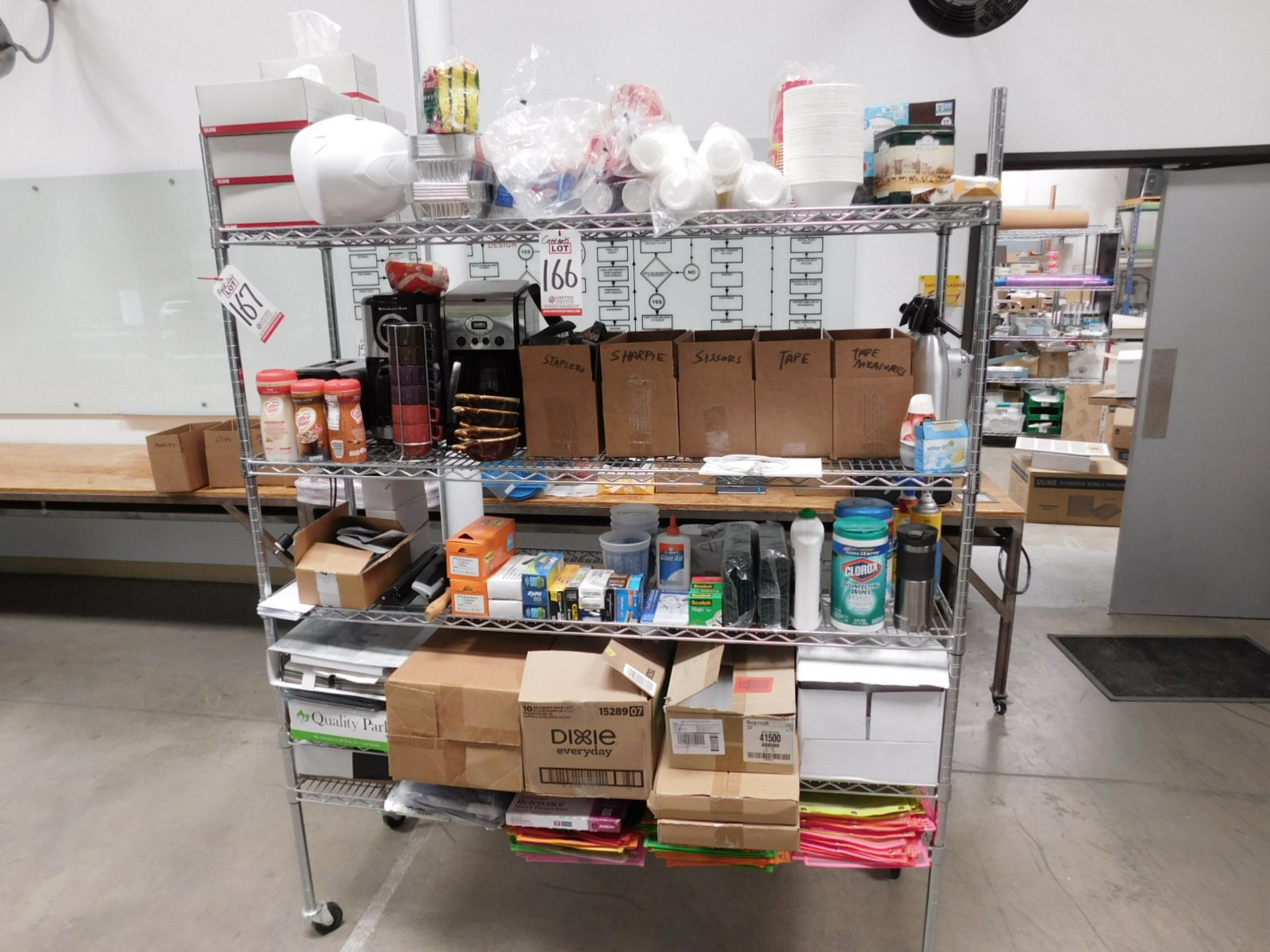 LOT - CONTENTS ONLY OF RACK, TO INCLUDE: COFFEE MAKERS, OFFICE AND BREAKROOM SUPPLIES