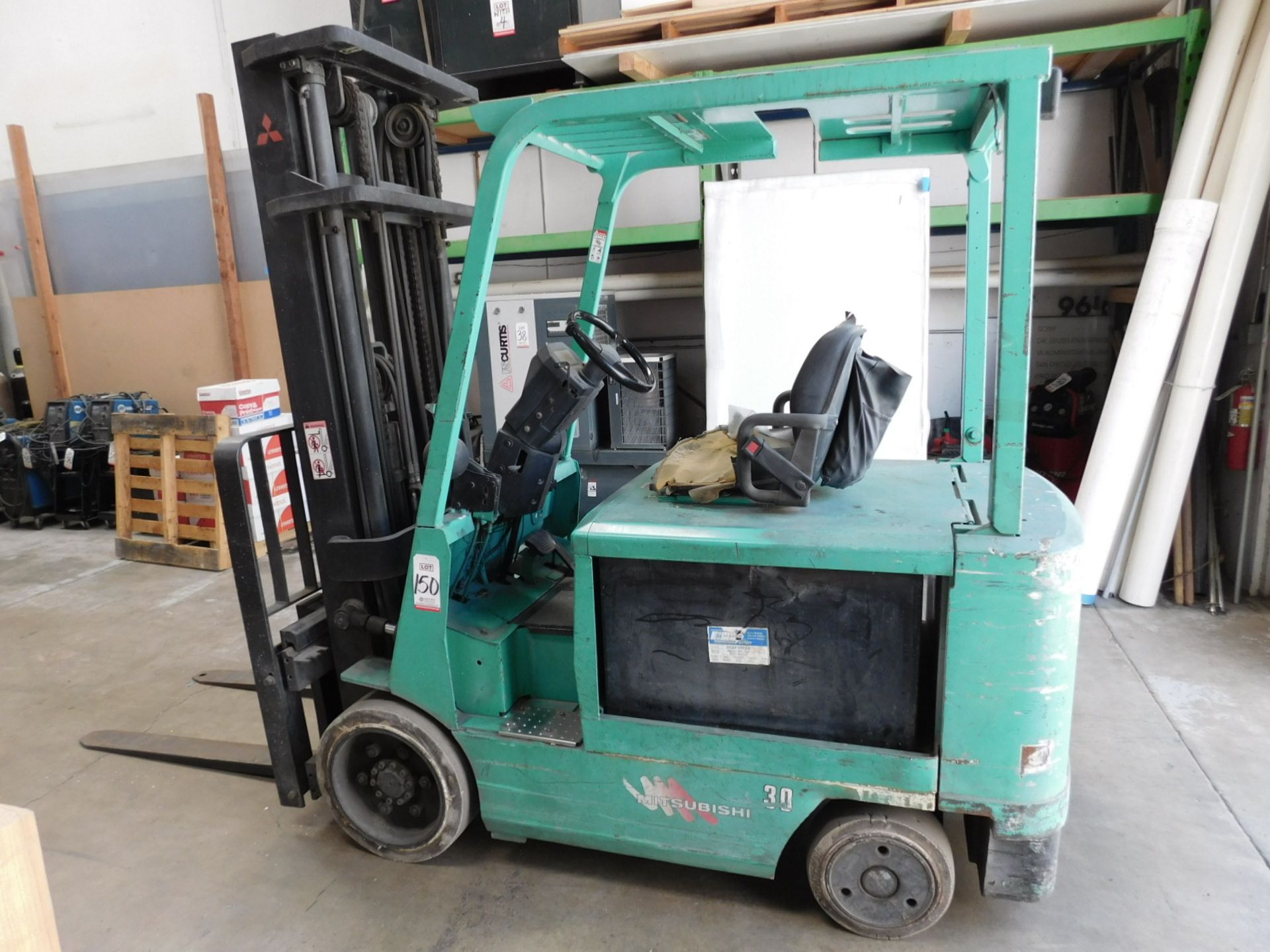 MITSUBISHI 6,000 LB CAPACITY ELECTRIC FORKLIFT, MODEL 2FBC30, S/N A2BC320072, SOLID TIRES, 3-STAGE