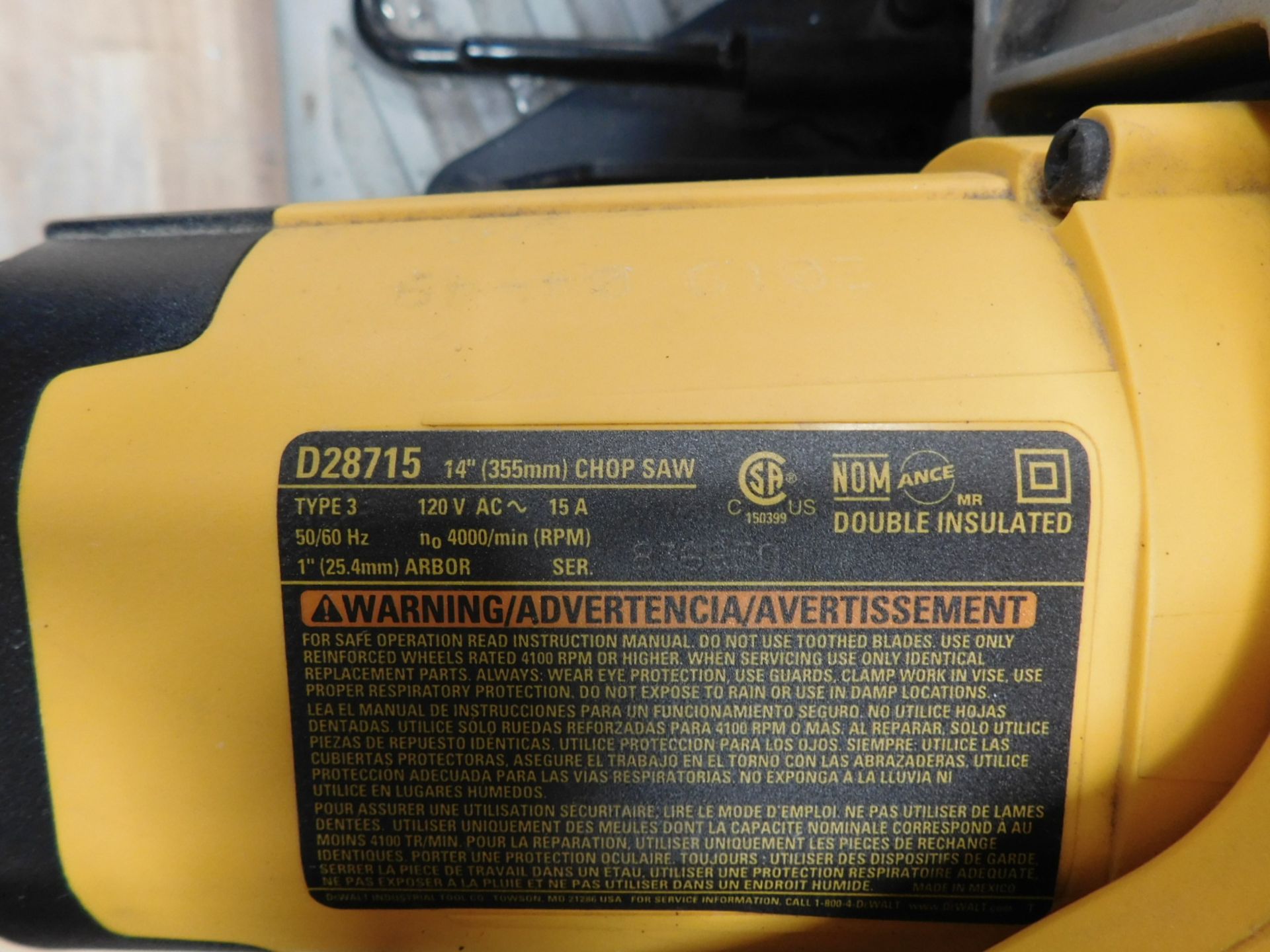 DEWALT 14" CUT OFF SAW, 15 AMP, CORDED, W/ QUICK-CHANGE KEYLESS BLADE SYSTEM - Image 4 of 4