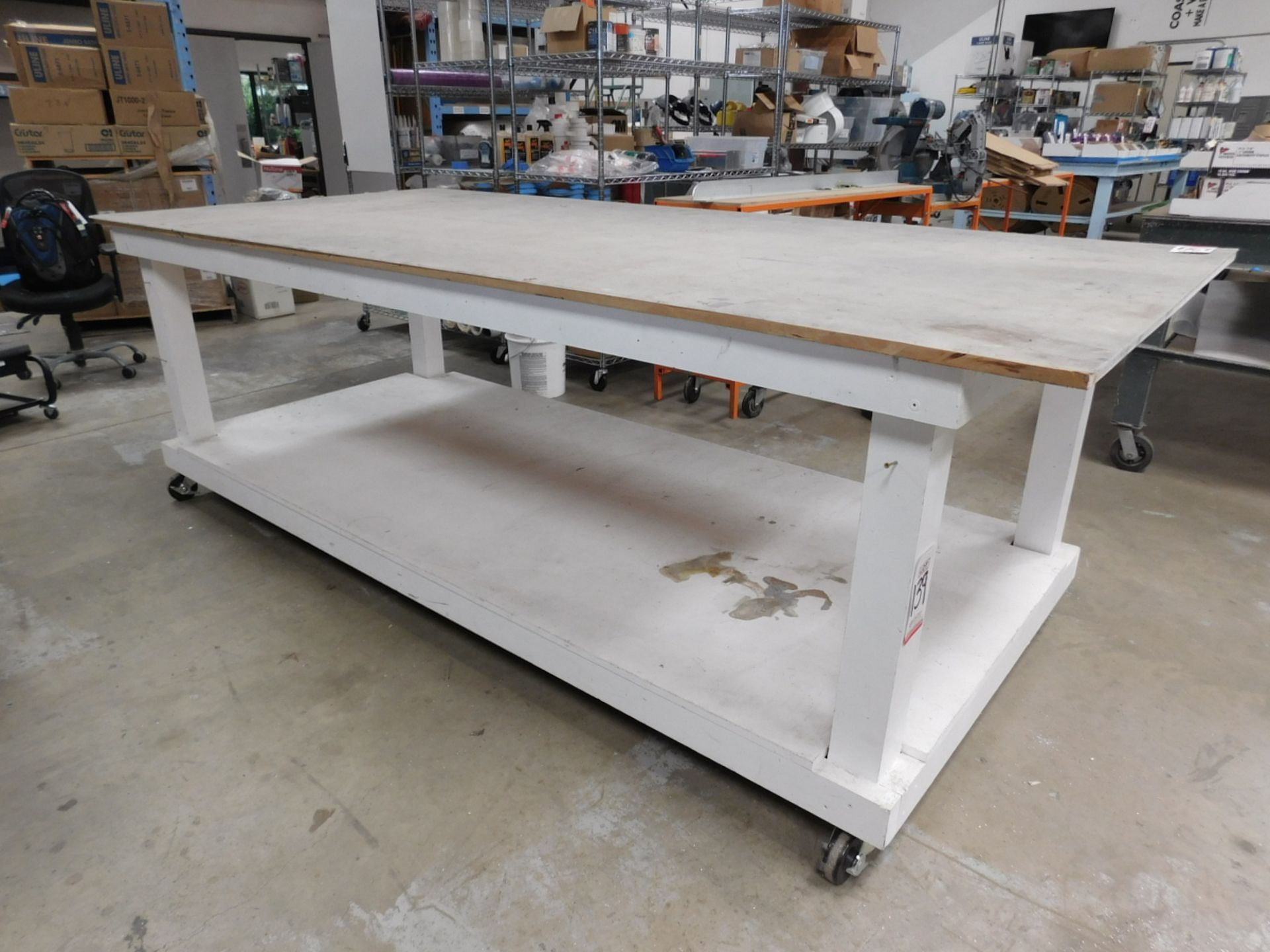 117" X 55" WORKBENCH ON CASTERS, ALL WOOD CONSTRUCTION, W/ FULL SIZE COMPLETELY REMOVABLE 3/16"