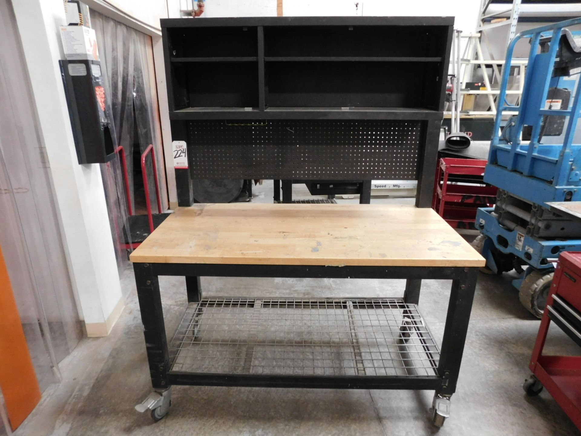 5' X 27" BUTCHER BLOCK TOPPED STEEL CART ON CASTERS, MESH SHELF, PEGBOARD HALF-BACK, CONTENTS NOT