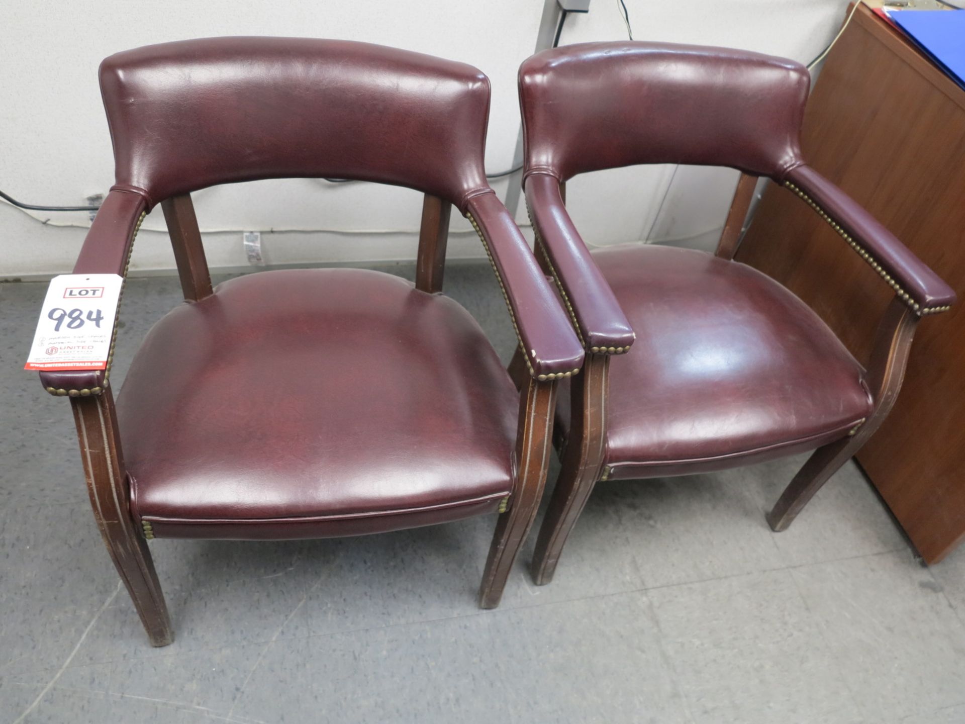 LOT - (2) MATCHING BURGUNDY SIDE CHAIRS AND (2) MATCHING GRAY SIDE CHAIRS