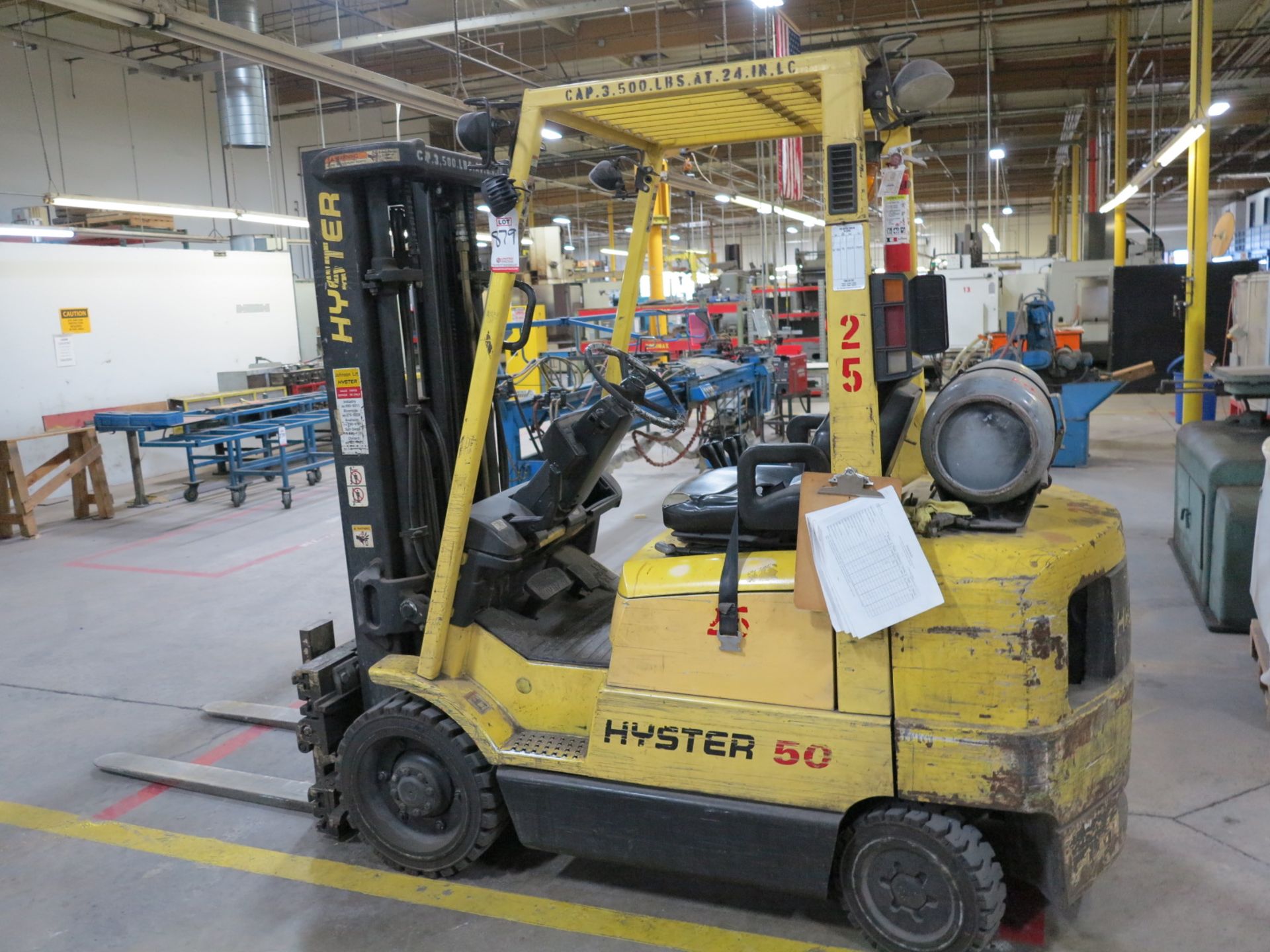 HYSTER 50 LP FORKLIFT, MODEL S50XM, 5,000 LB CAPACITY, 3-STAGE MAST, SIDE SHIFT, CUSHION TIRES, 4,