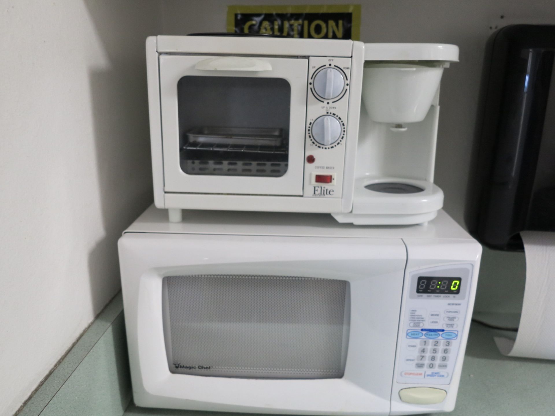 LOT - MICROWAVE AND CONTENTS OF CABINETS IN KITCHEN AREA, NO TOWEL OR SOAP DISPENSER