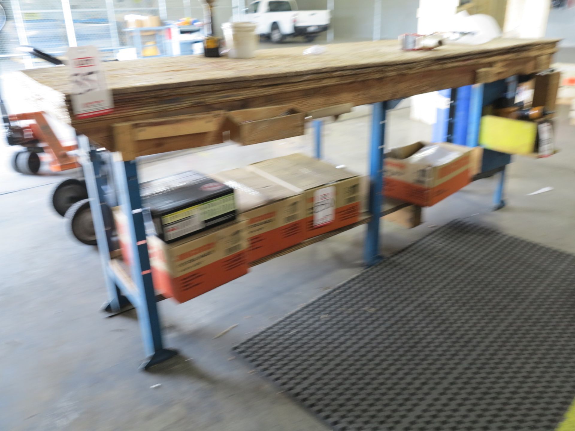 WOOD TOPPED WORKBENCH, 8' X 25" X 36"H, CONTENTS NOT INCLUDED