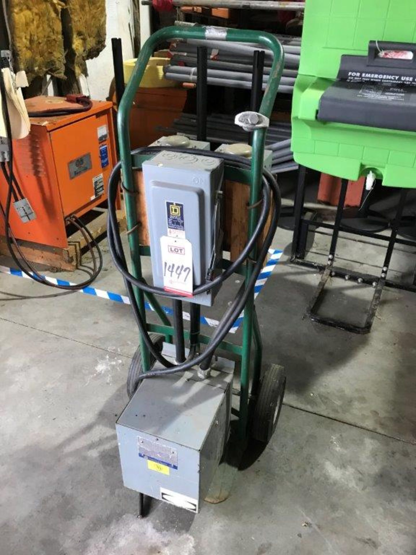 SQUARE D TRANSFORMER ON DOLLY, 10 KVA, 240 X 480 VOLT, W/ DISCONNECT (LOCATION: BUILDING 11)