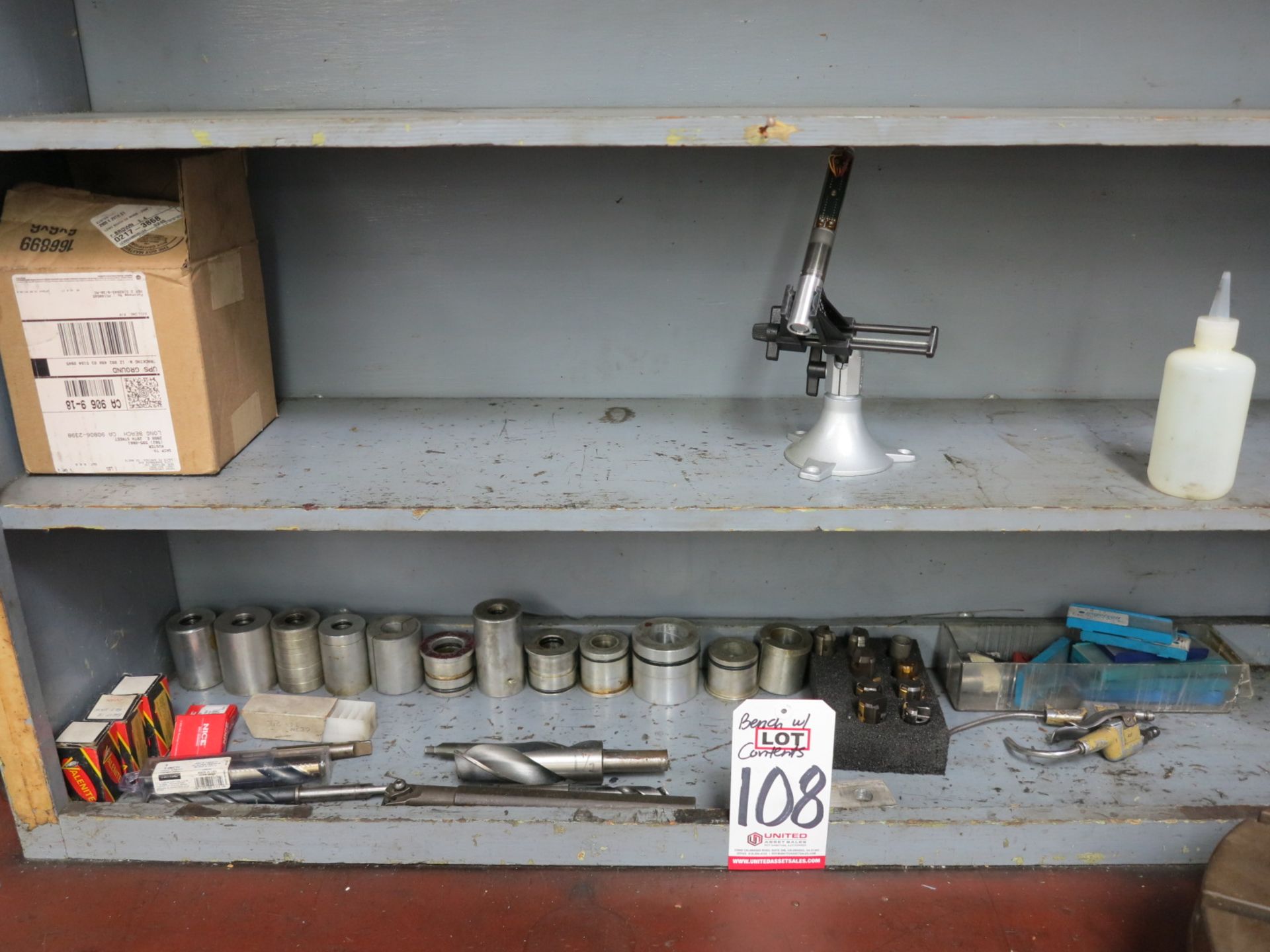 LOT - WORKBENCH, 7' X 3', W/ CONTENTS OF UPPER SHELF UNIT, TO INCLUDE: MILLING TOOLS, BUSHINGS, - Image 2 of 6