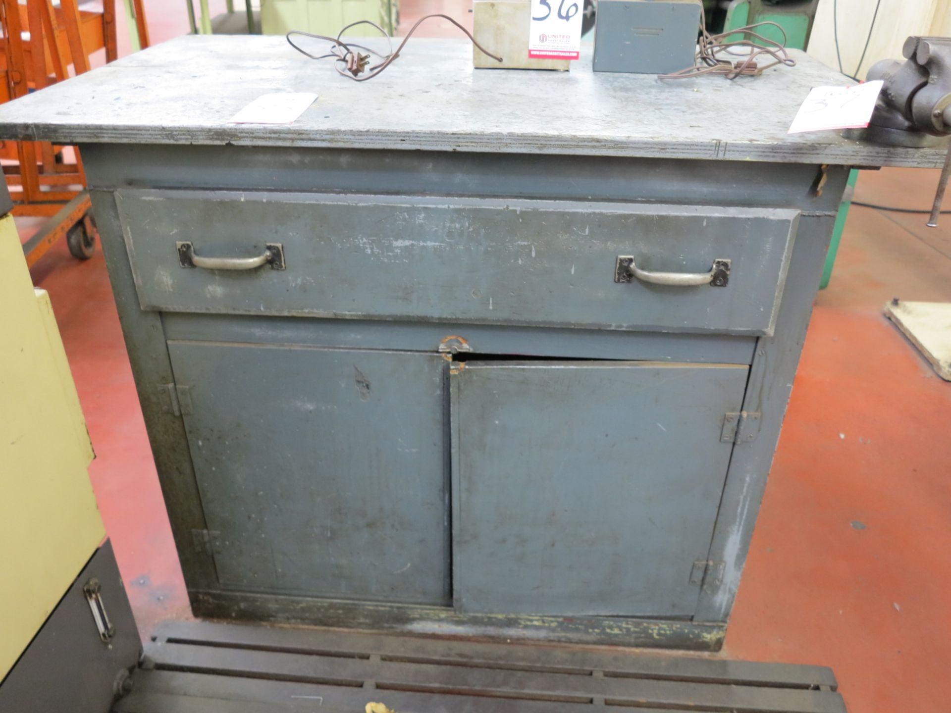 WOOD WORKTOP CABINET, W/ MINIMAL CONTENTS