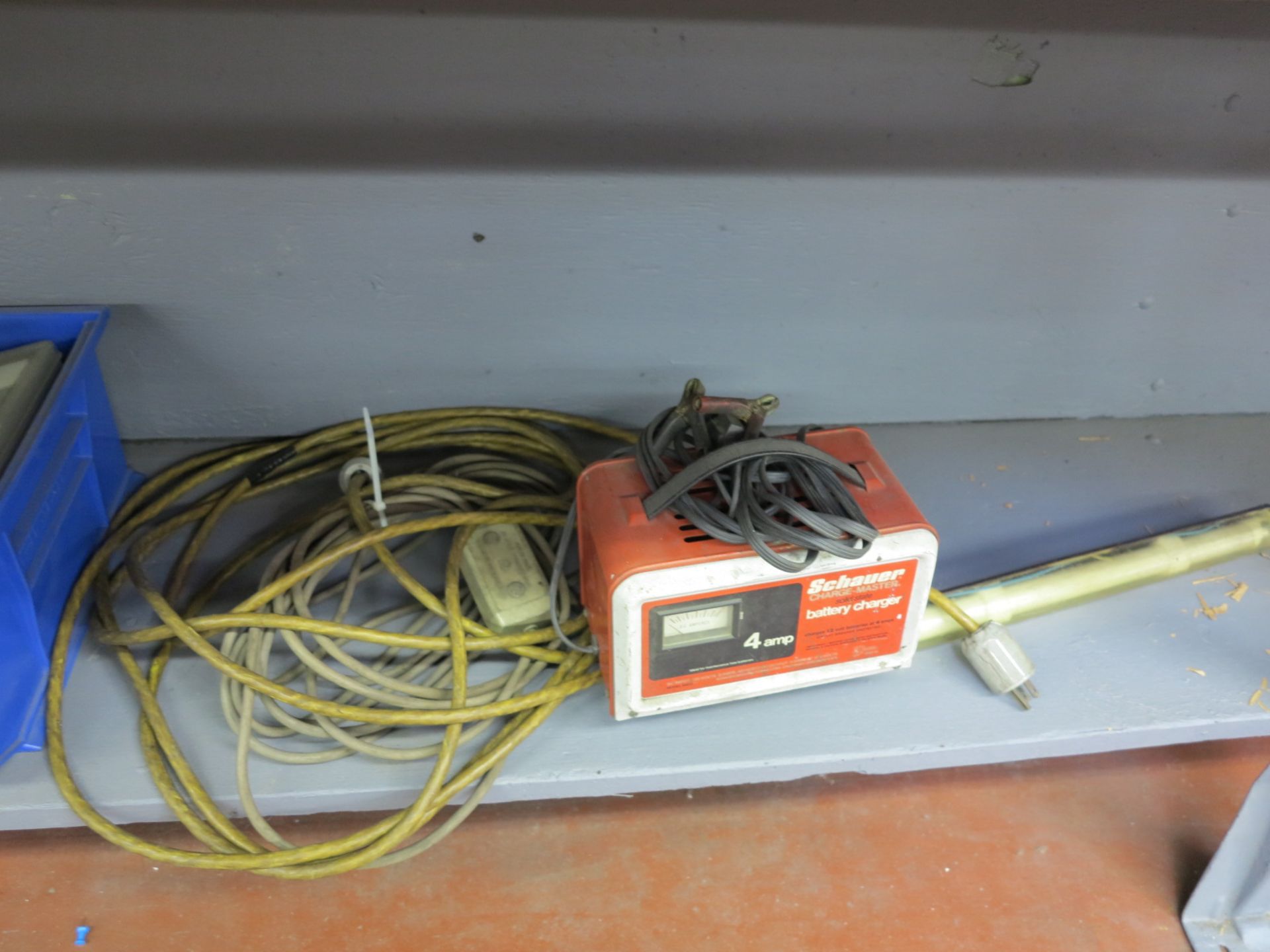 LOT - CONTENTS OF BOTTOM SHELF OF WORKBENCH, TO INCLUDE: SCHAUER CHARGE MASTER BATTERY CHARGER AND - Image 2 of 2