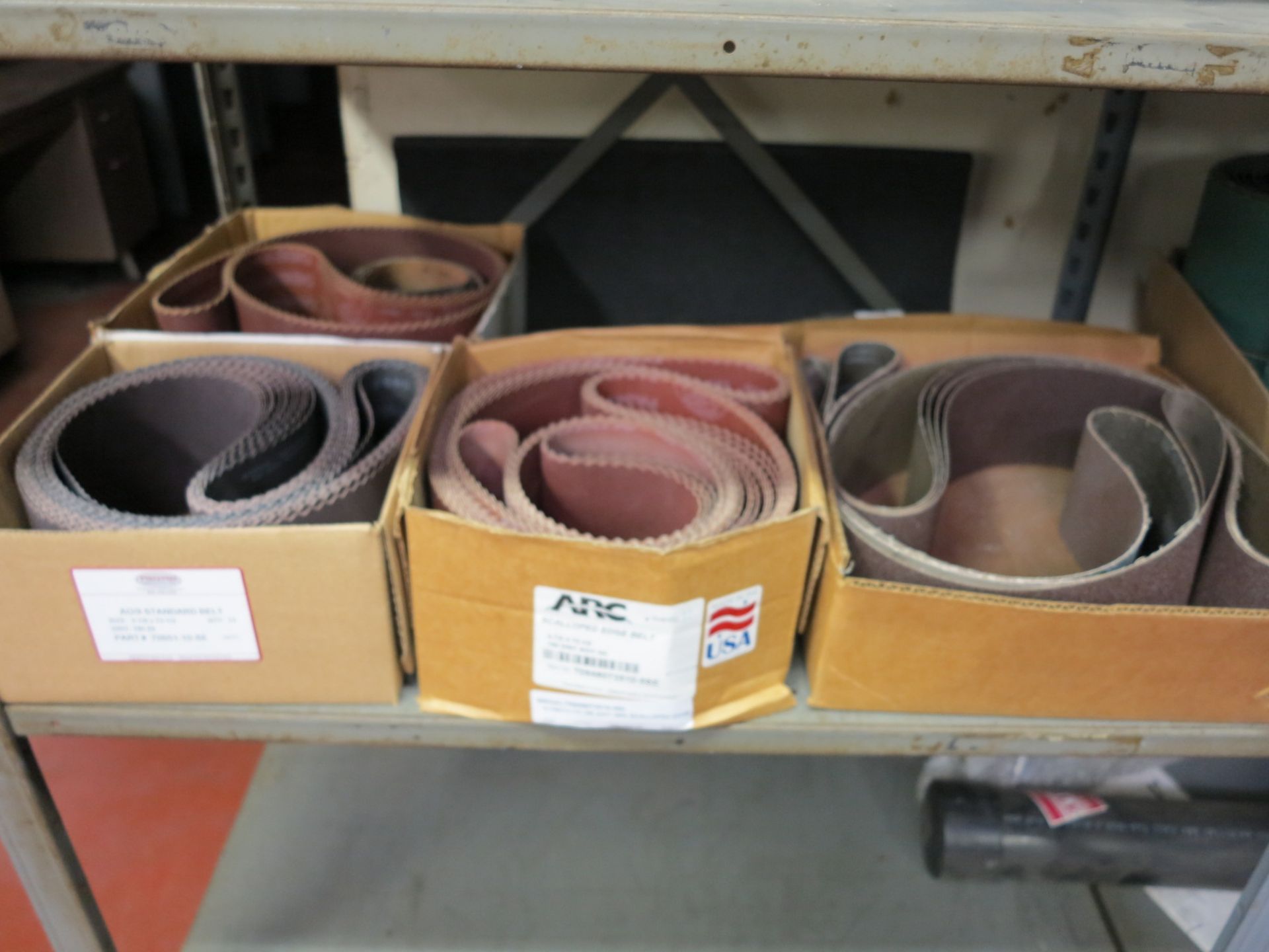 LOT - CONTENTS ONLY OF (3) SECTIONS OF SHELVING, TO INCLUDE: ABRASIVE BELTS, (2) EMPTY ALUMINUM - Image 4 of 6