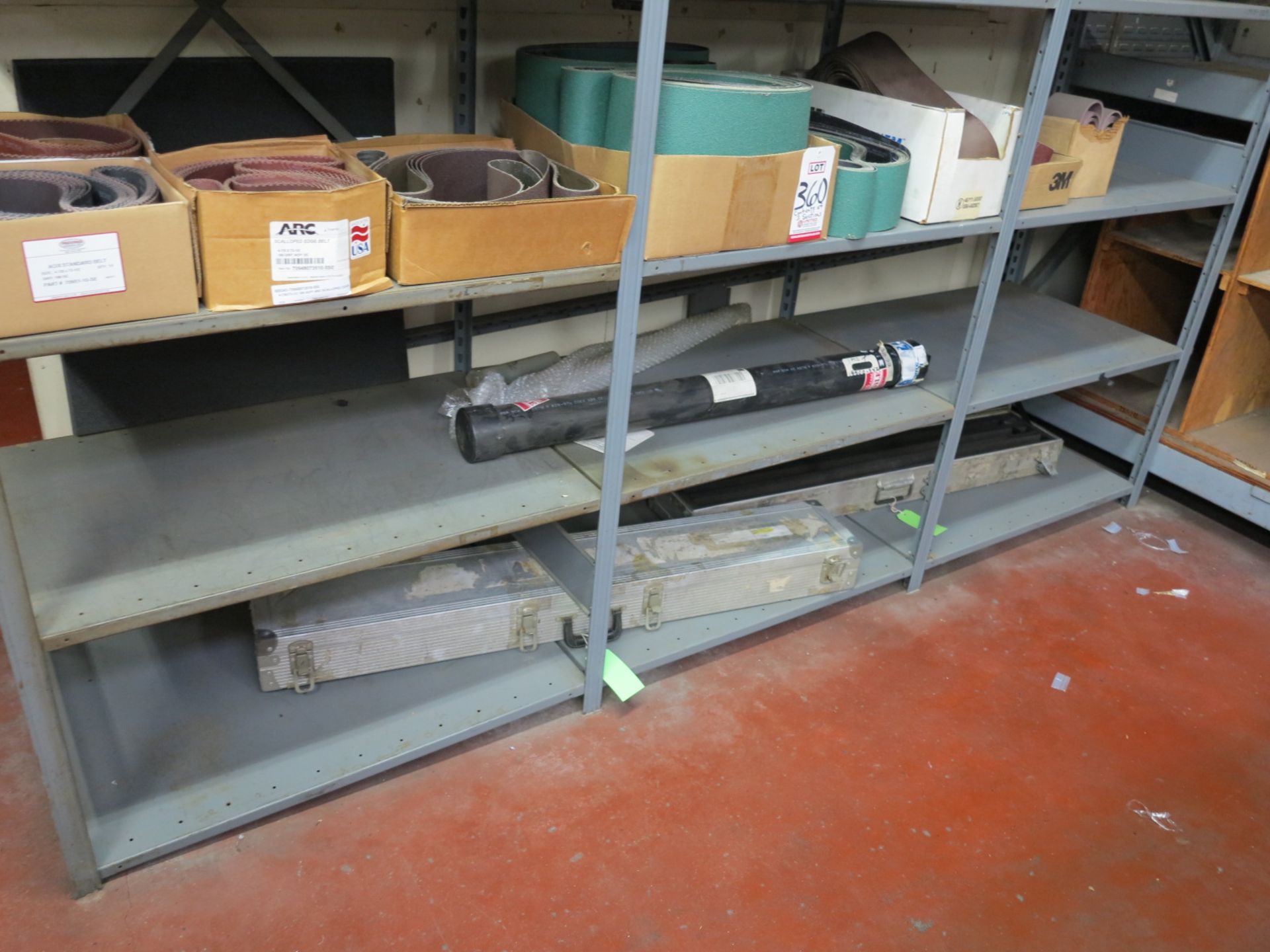 LOT - CONTENTS ONLY OF (3) SECTIONS OF SHELVING, TO INCLUDE: ABRASIVE BELTS, (2) EMPTY ALUMINUM