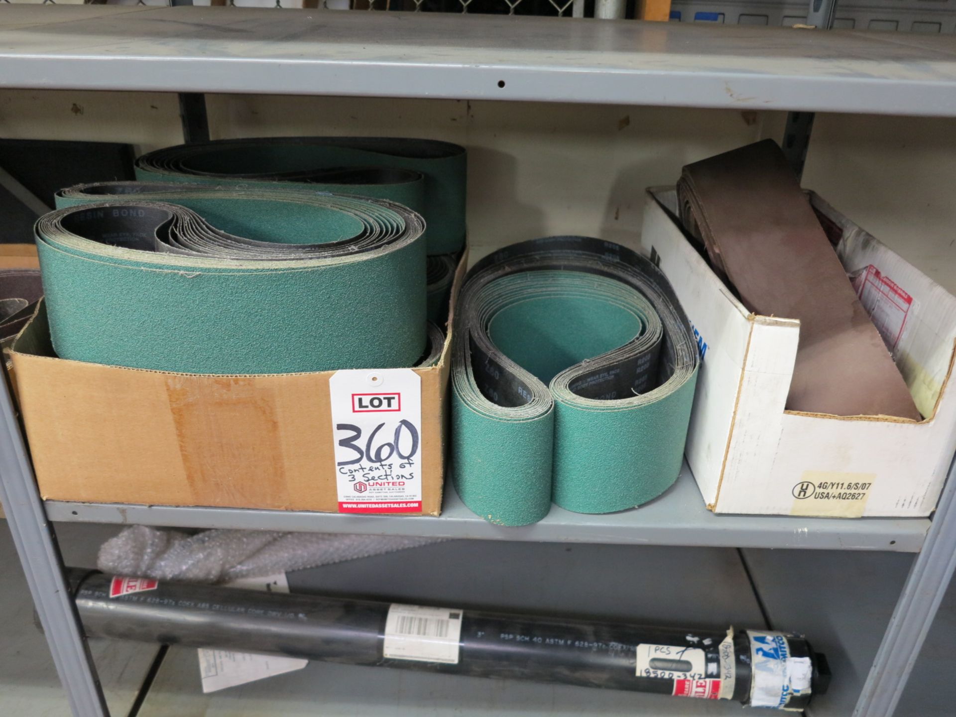 LOT - CONTENTS ONLY OF (3) SECTIONS OF SHELVING, TO INCLUDE: ABRASIVE BELTS, (2) EMPTY ALUMINUM - Image 5 of 6