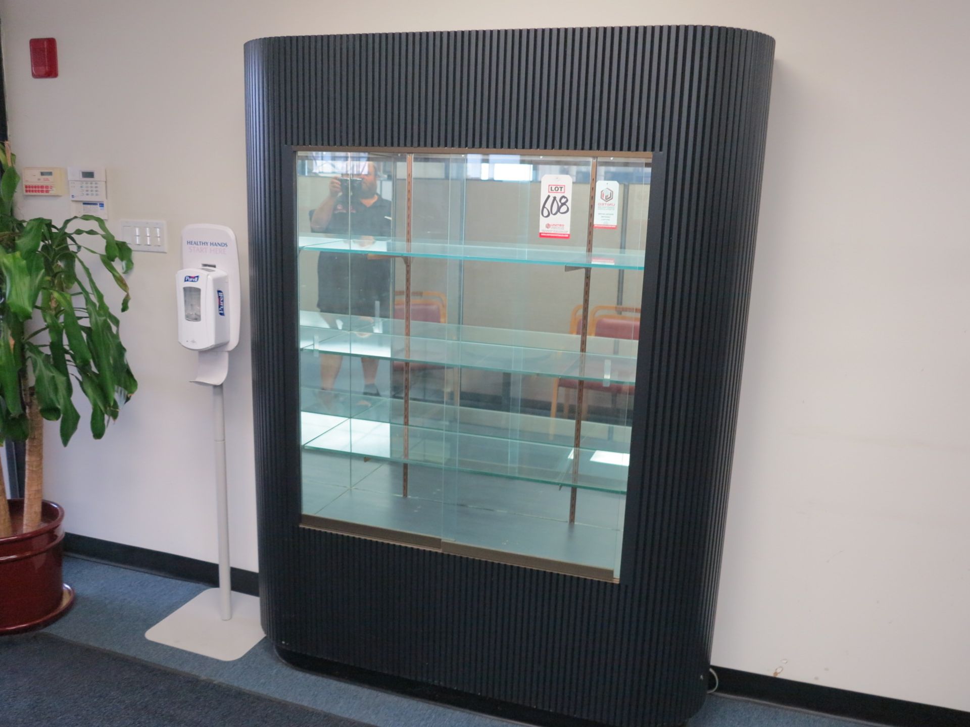 GLASS AND TAMBOUR DISPLAY CABINET, LIGHTED, GLASS SHELVES