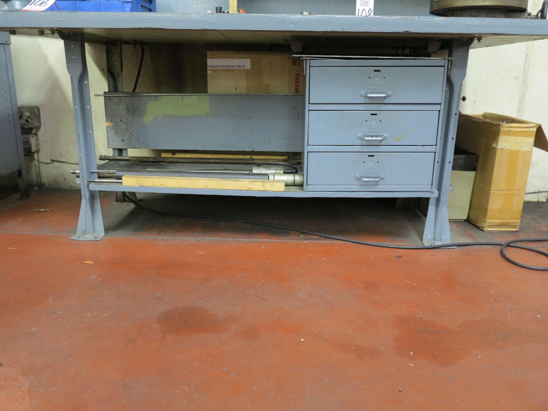 LOT - WORKBENCH, 7' X 3', W/ CONTENTS OF UPPER SHELF UNIT, TO INCLUDE: MILLING TOOLS, BUSHINGS,