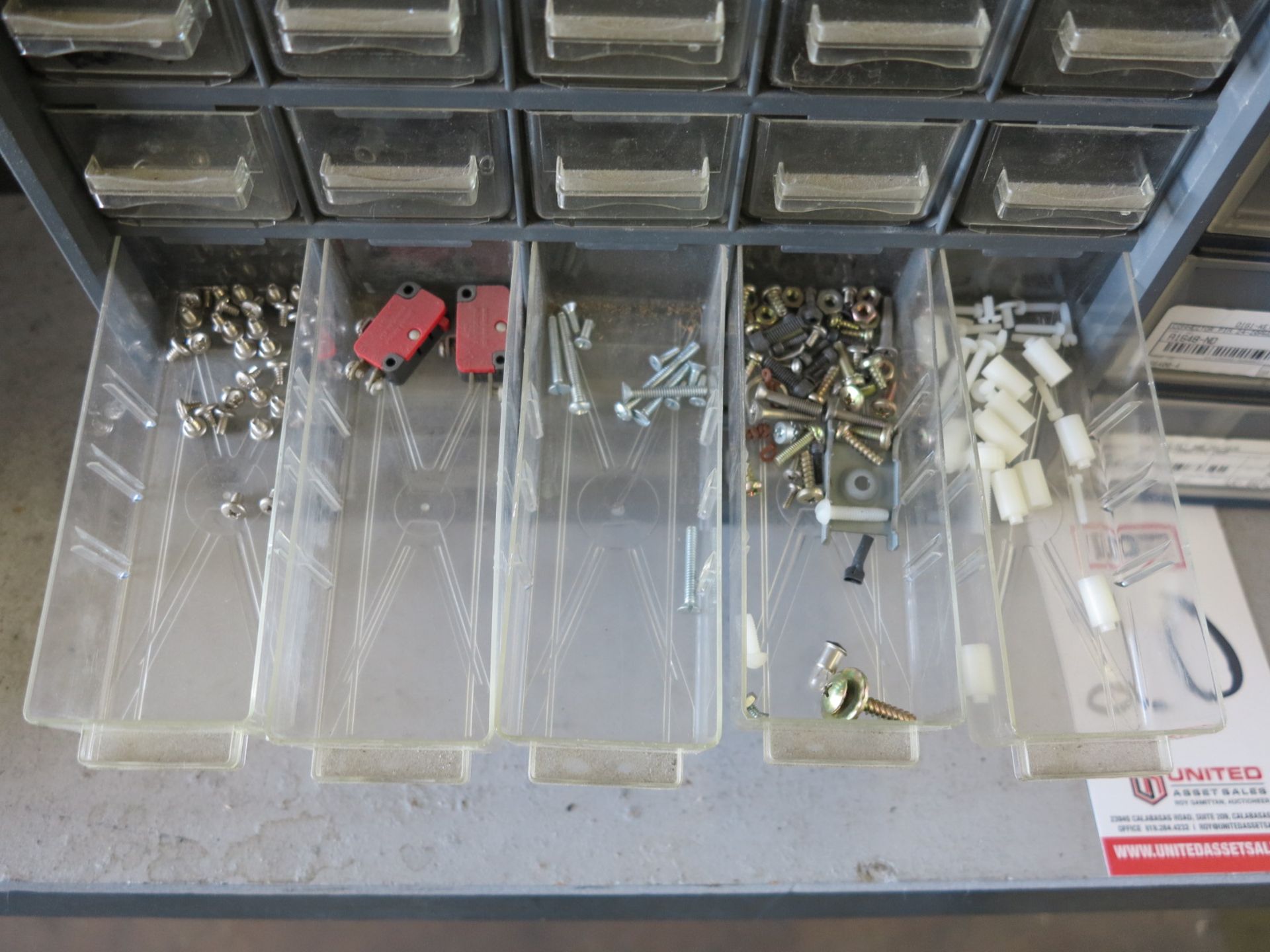 LOT - (2) PARTS BINS, W/ CONTENTS: ELECTRONIC PARTS, HARDWARE, ETC. - Image 11 of 13