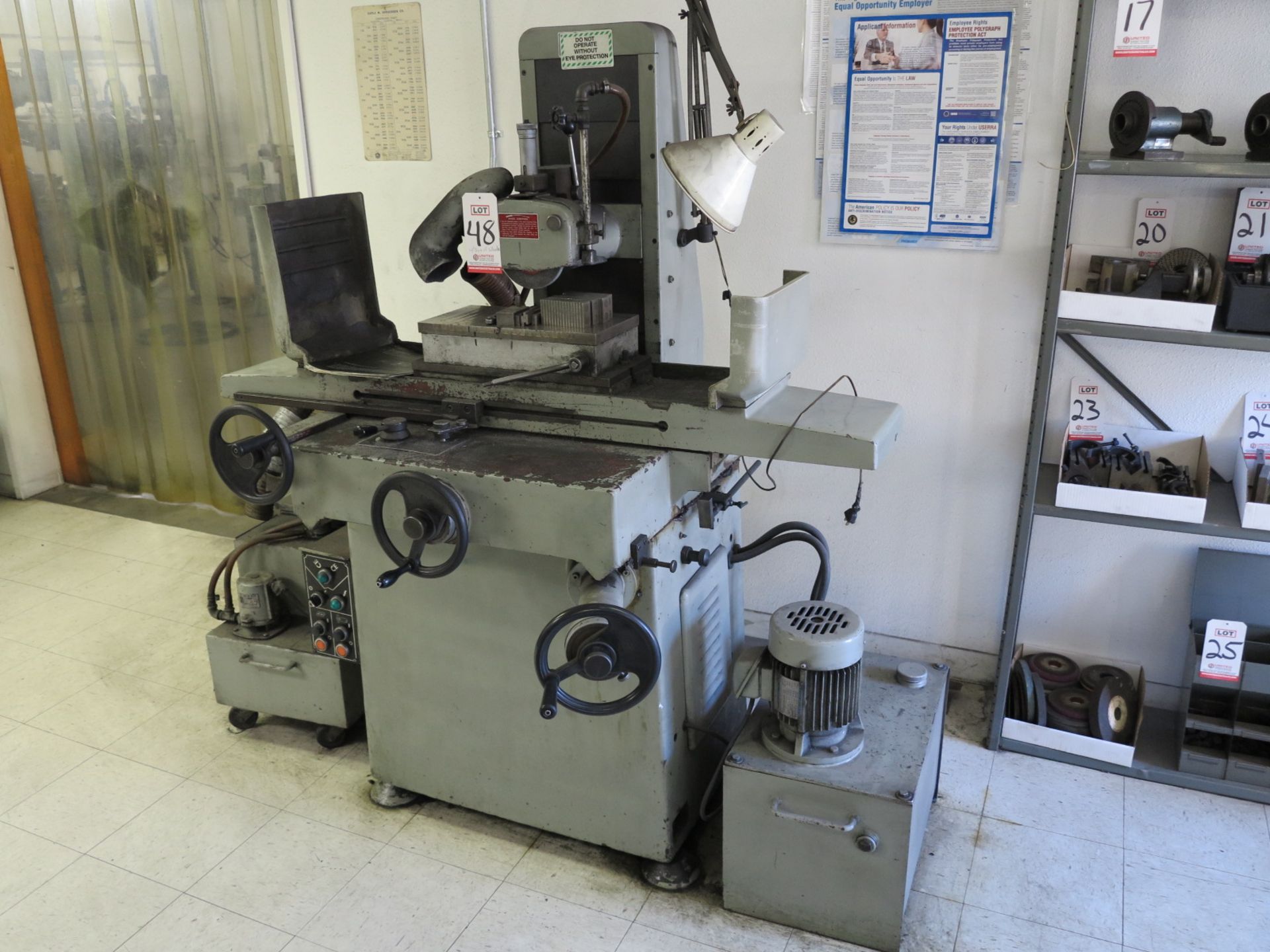 KENT SURFACE GRINDER, MODEL KGS-250H, W/ 8" X 16" MAG CHUCK AND BOX OF GRINDING WHEELS