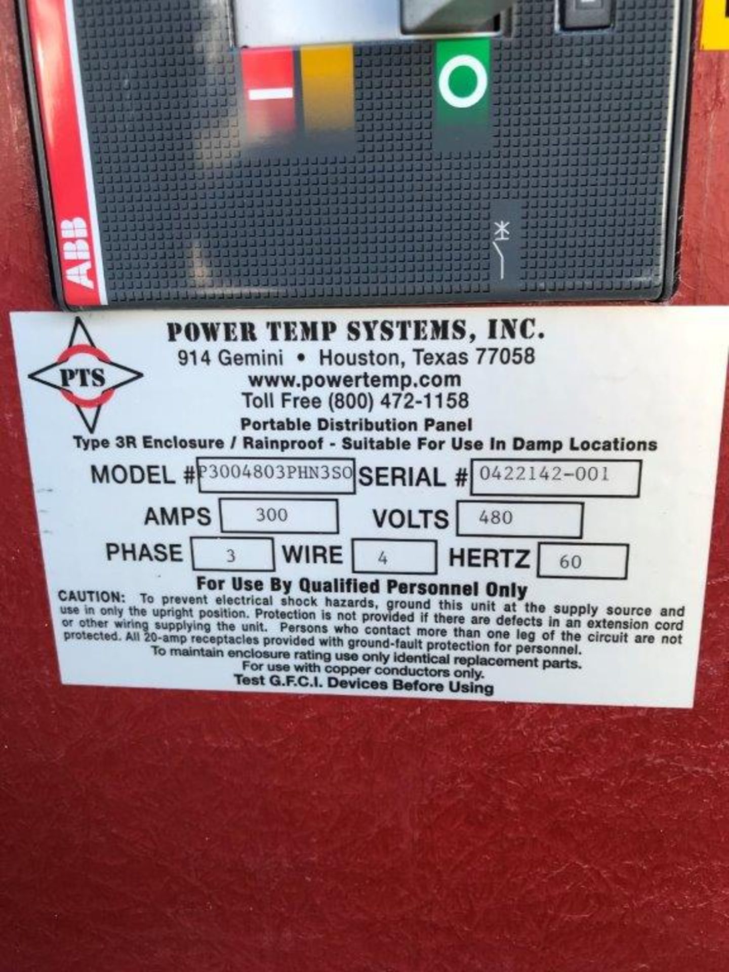 POWER TEMP SYSTEMS INC. PORTABLE DISTRIBUTION PANEL, MODEL P3004803PHN3SO, 300 AMPS, 480 VOLTS, 3 - Image 3 of 3