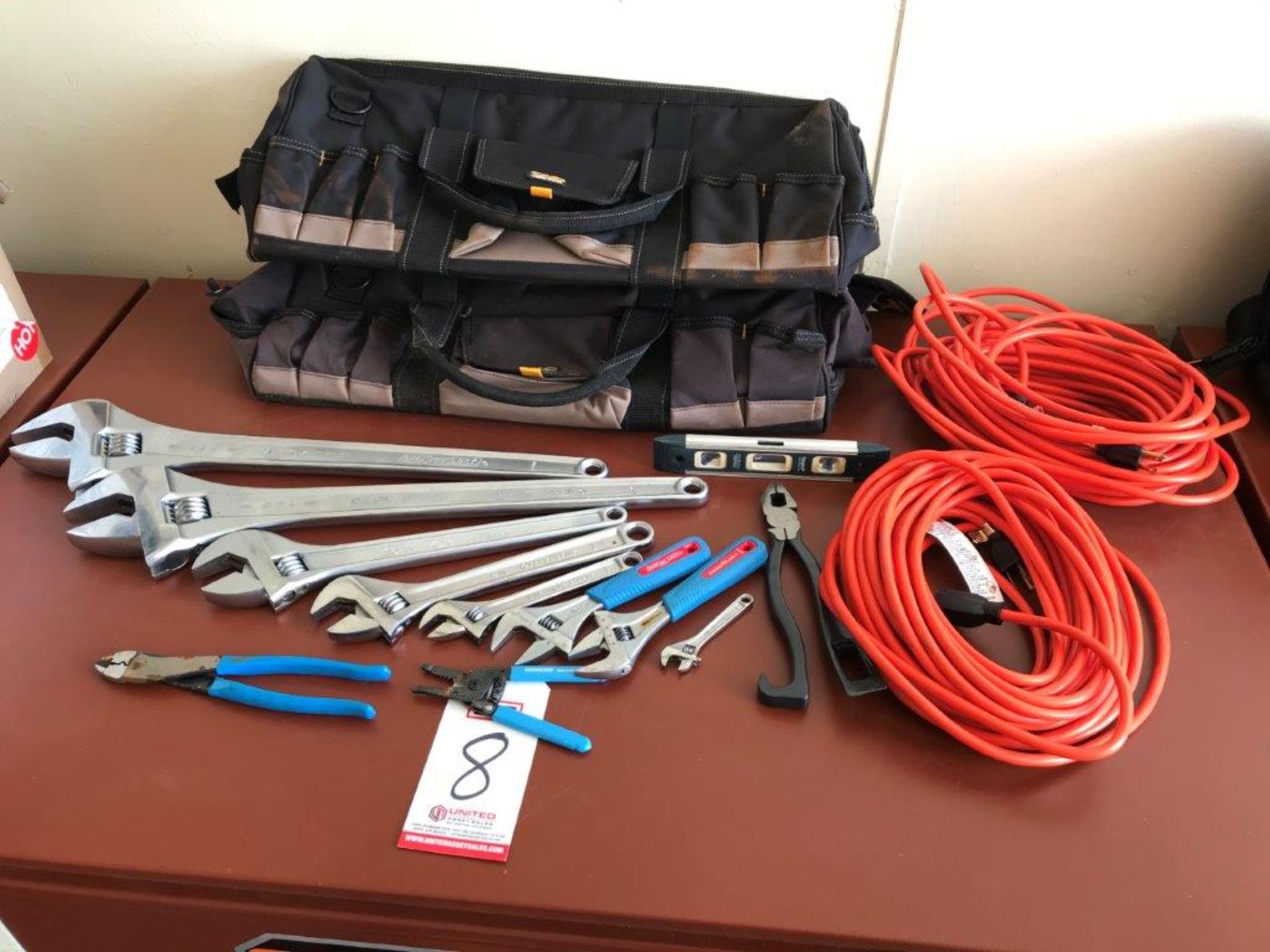 LOT - ASSORTED HAND TOOLS, TO INCLUDE: ADJUSTABLE WRENCHES, CUTTING TOOLS, EXTENSION CORDS, (2) TOOL