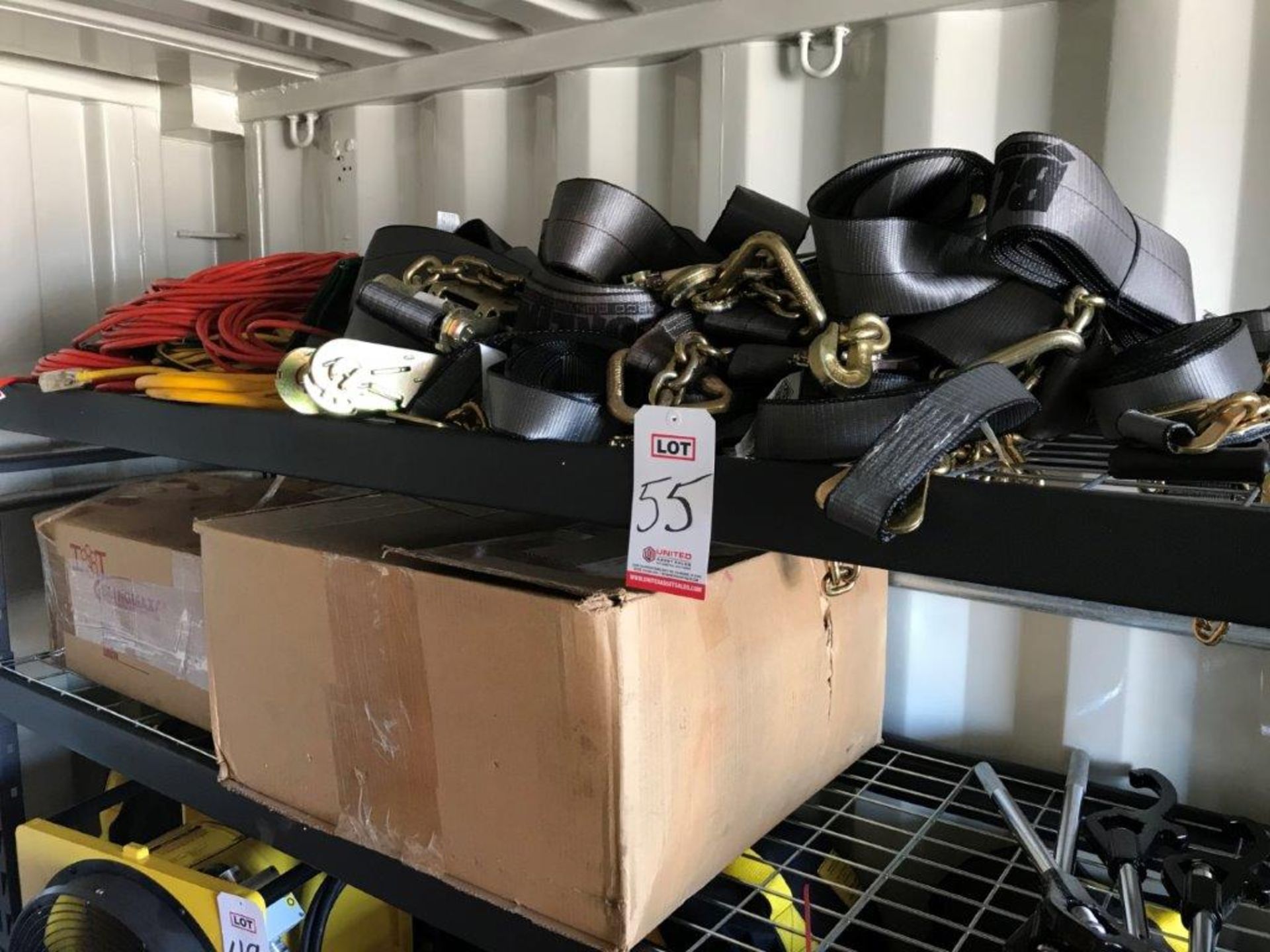 LOT - ASSORTED RATCHET STRAPS, TO INCLUDE RACK (LOCATION: FLEX CONTAINER)