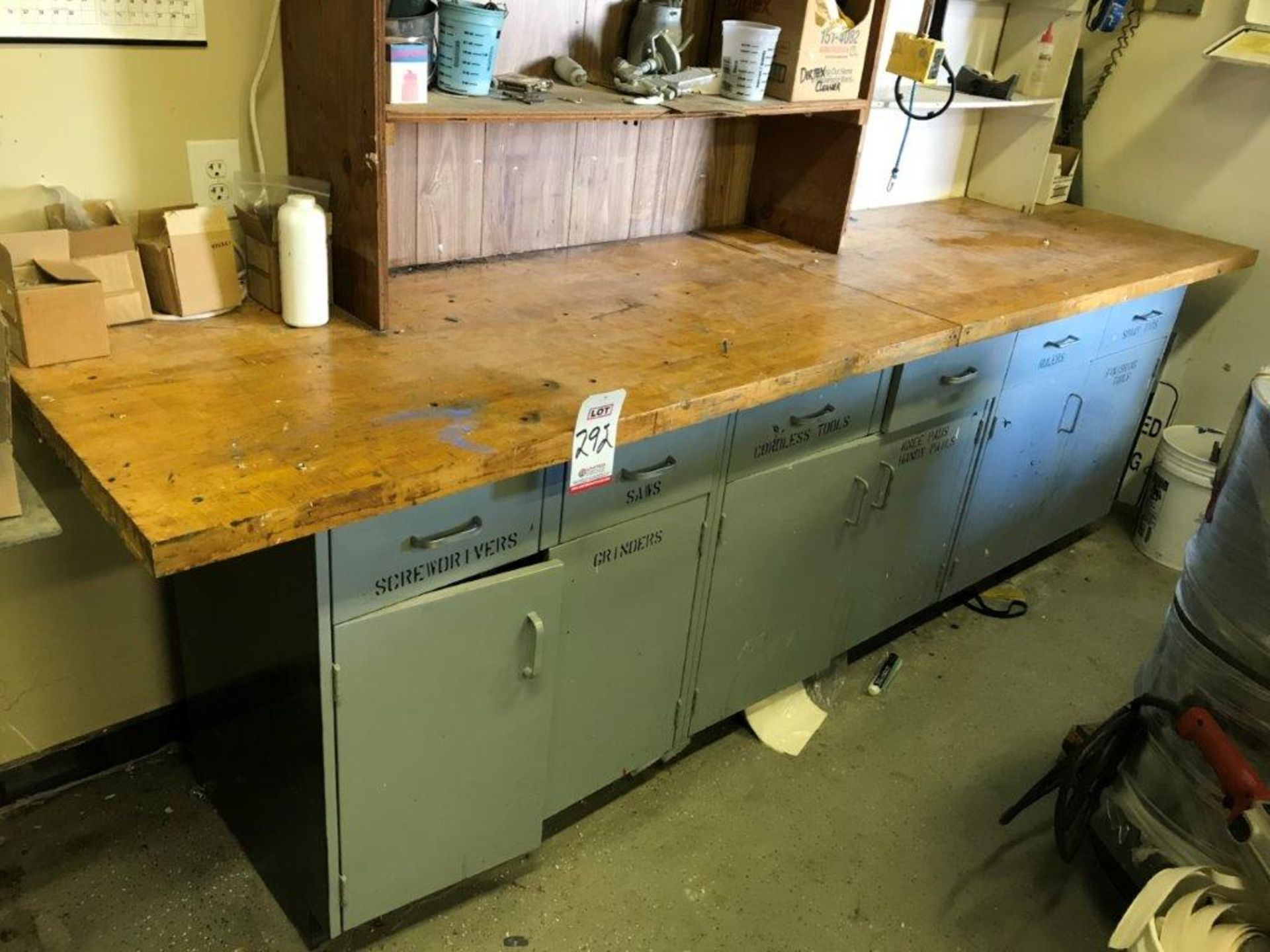 WOOD-TOP WORKBENCH, 10' X 30", W/ METAL DRAWER & CUPBOARD BASE (LOCATION: PAINT SHOP)