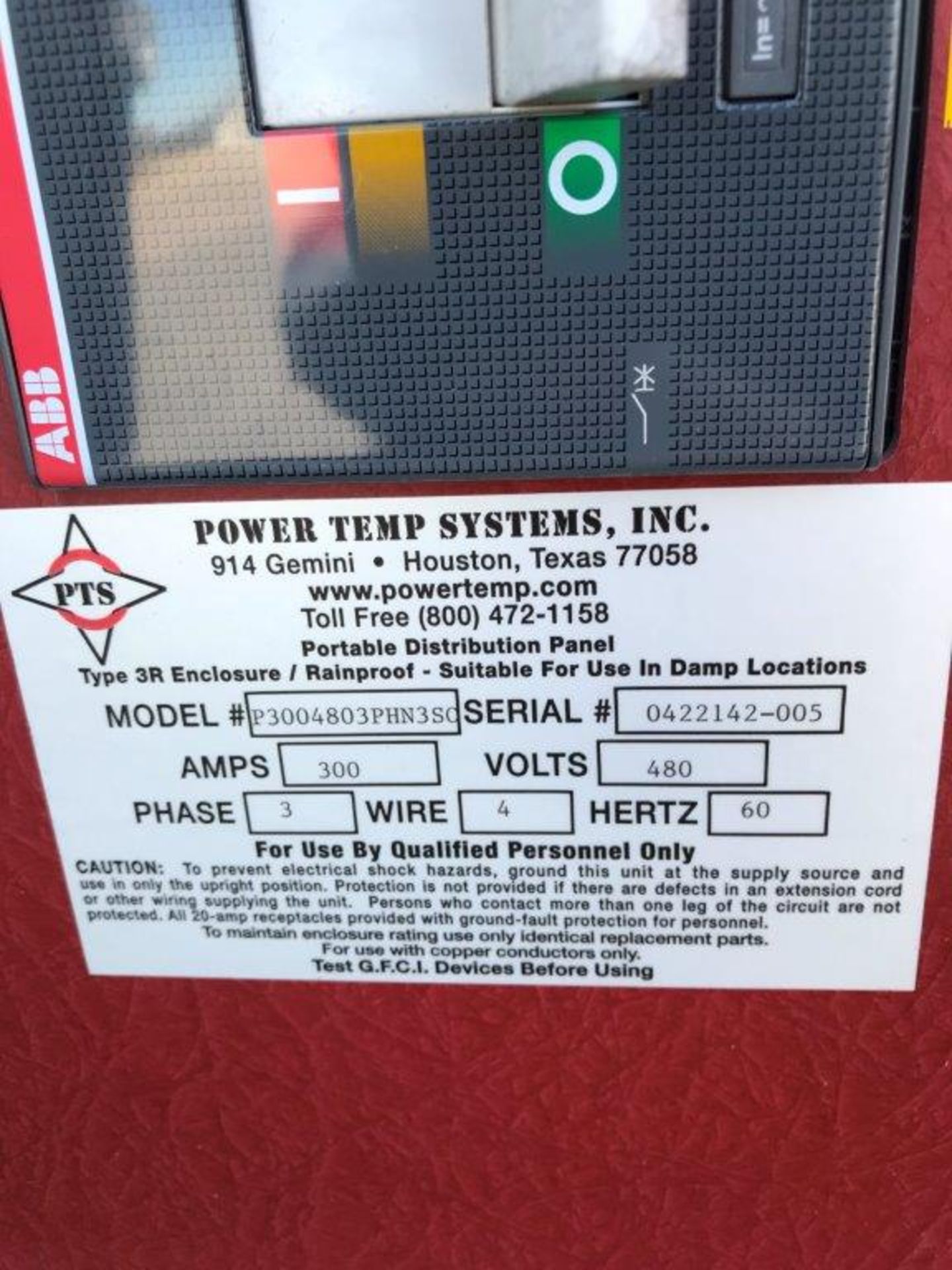 POWER TEMP SYSTEMS INC. PORTABLE DISTRIBUTION PANEL, MODEL P3004803PHN3SO, 300 AMPS, 480 VOLTS, 3 - Image 3 of 3