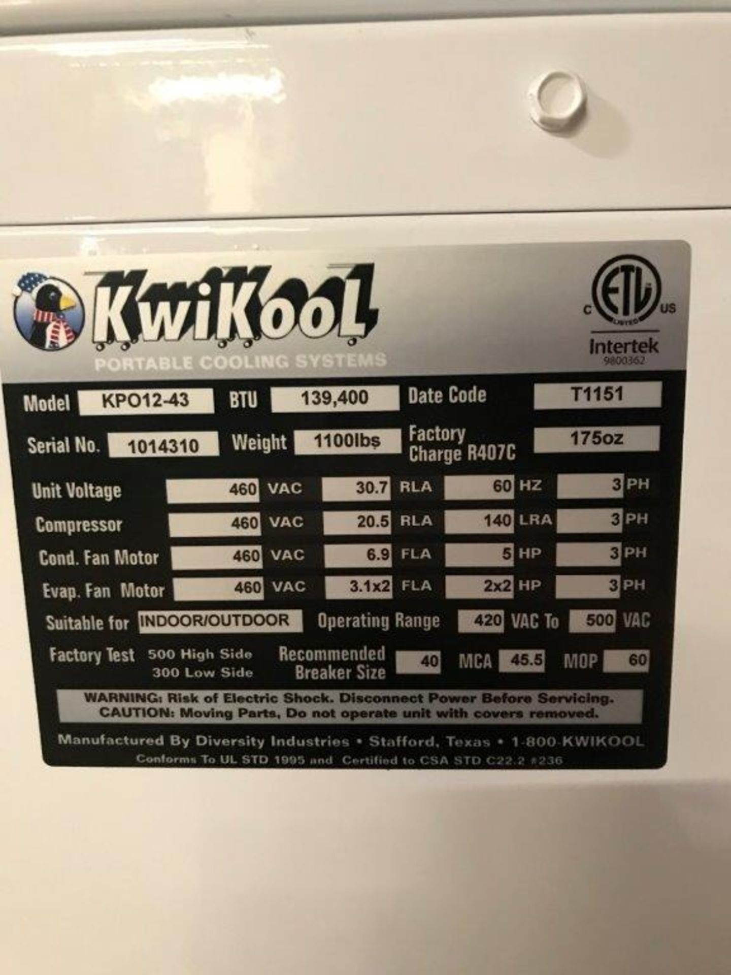 KWIKOOL PORTABLE COOLING SYSTEM, MODEL KPO12-43, 139,400 BTU, 480 VOLT, 3 PHASE, NEW (LOCATION: - Image 8 of 8