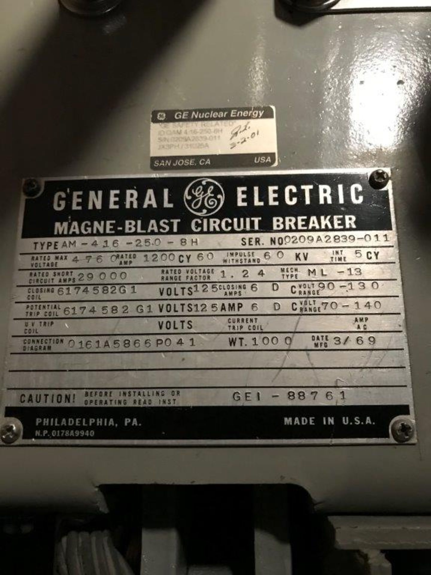 GENERAL ELECTRIC MANGE-BLAST CIRCUIT BREAKER, TYPE AM-4.16-250-8H, 4760 VOLT, 1200 AMP (LOCATION: - Image 2 of 2