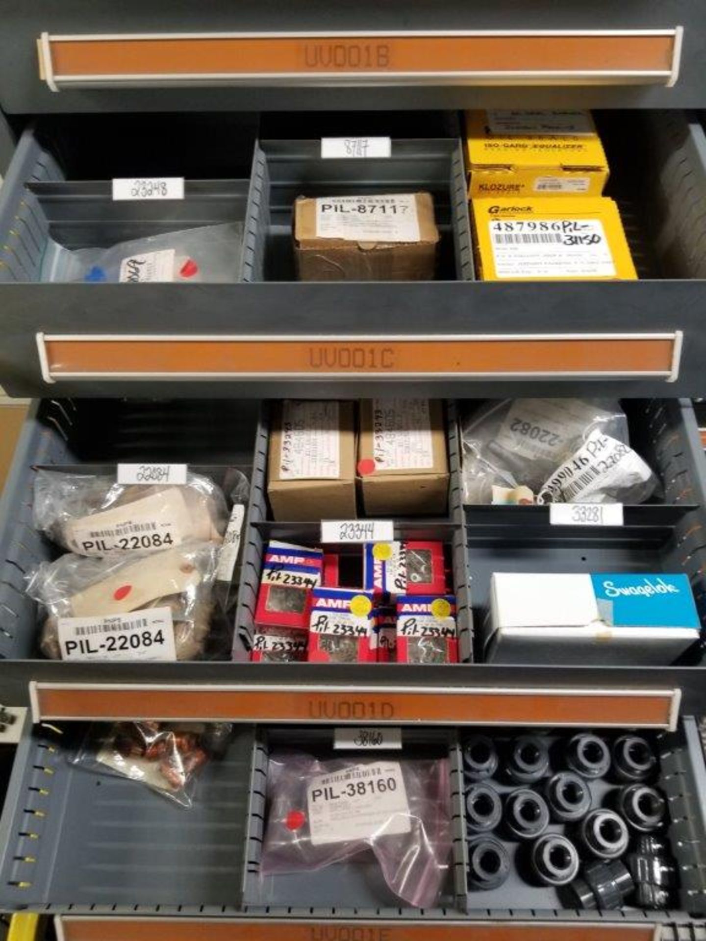 LOT - CONTENTS ONLY OF (17) VIDMAR CABINETS, CONSISTING OF ASSORTED HARDWARE, ELECTRICAL