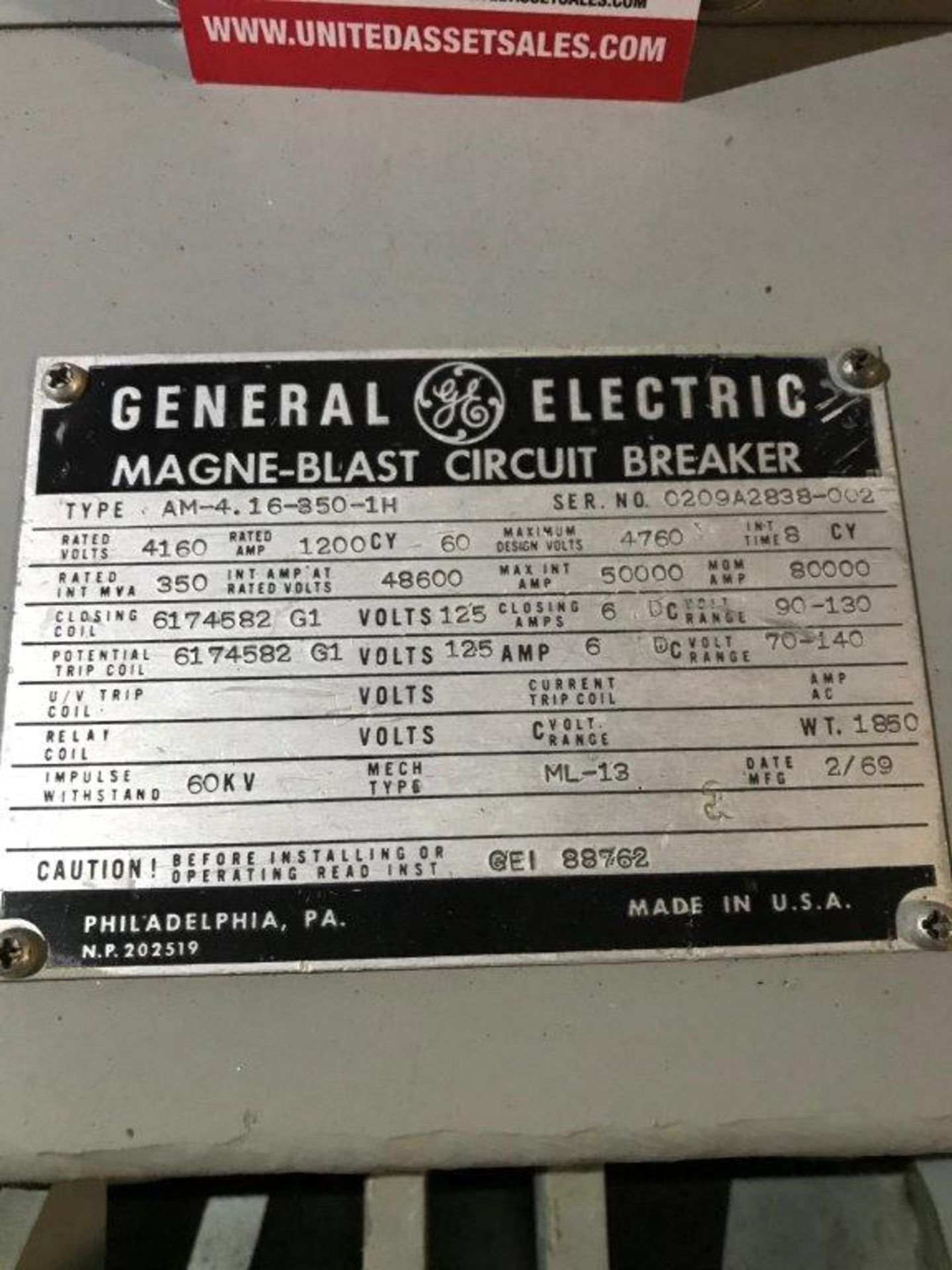 GENERAL ELECTRIC MANGE-BLAST CIRCUIT BREAKER, TYPE AM-4.16-350-1H, 4160 VOLT, 1200 AMP (LOCATION: - Image 2 of 2